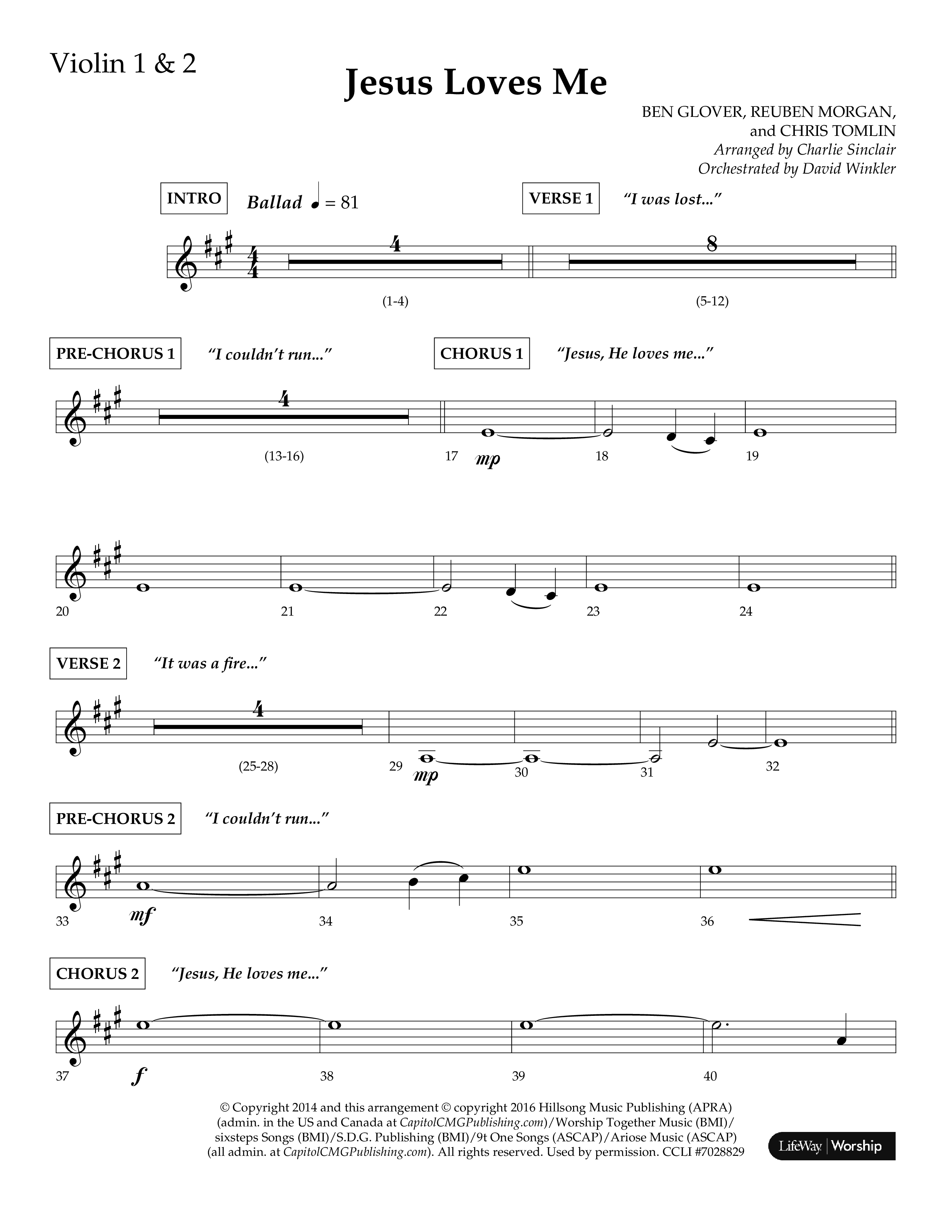 Jesus Loves Me (Choral Anthem SATB) Violin 1/2 (Lifeway Choral / Arr. Charlie Sinclair / Orch. David Winkler)