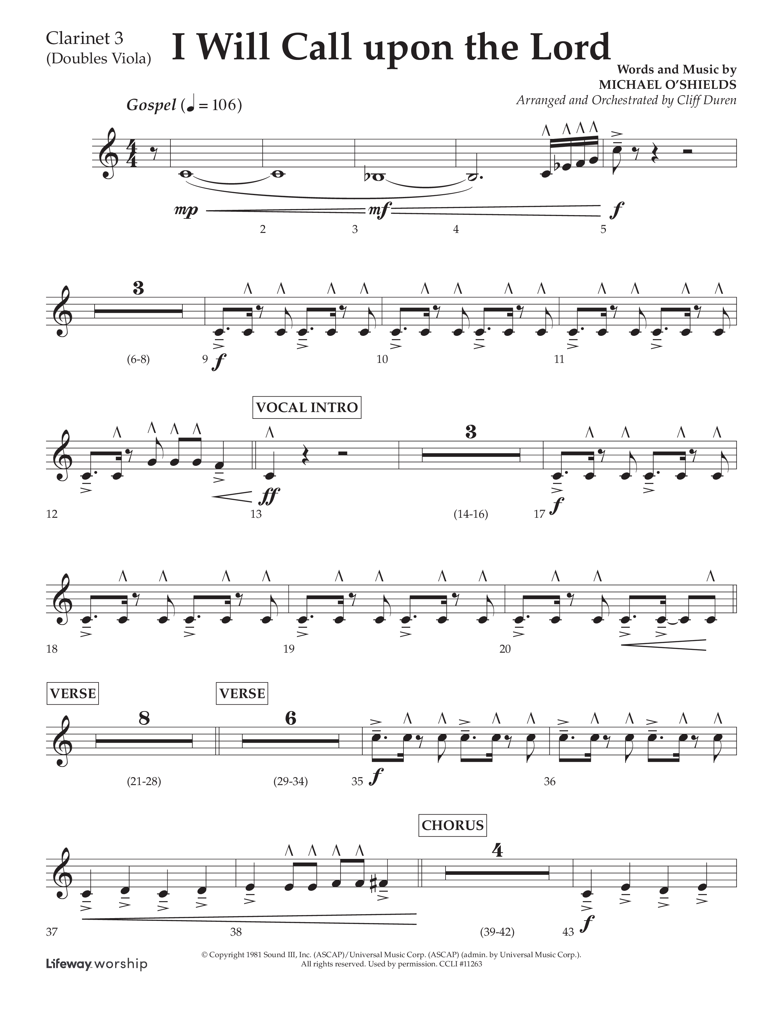 I Will Call Upon The Lord (Choral Anthem SATB) Clarinet 3 (Lifeway Choral / Arr. Cliff Duren)