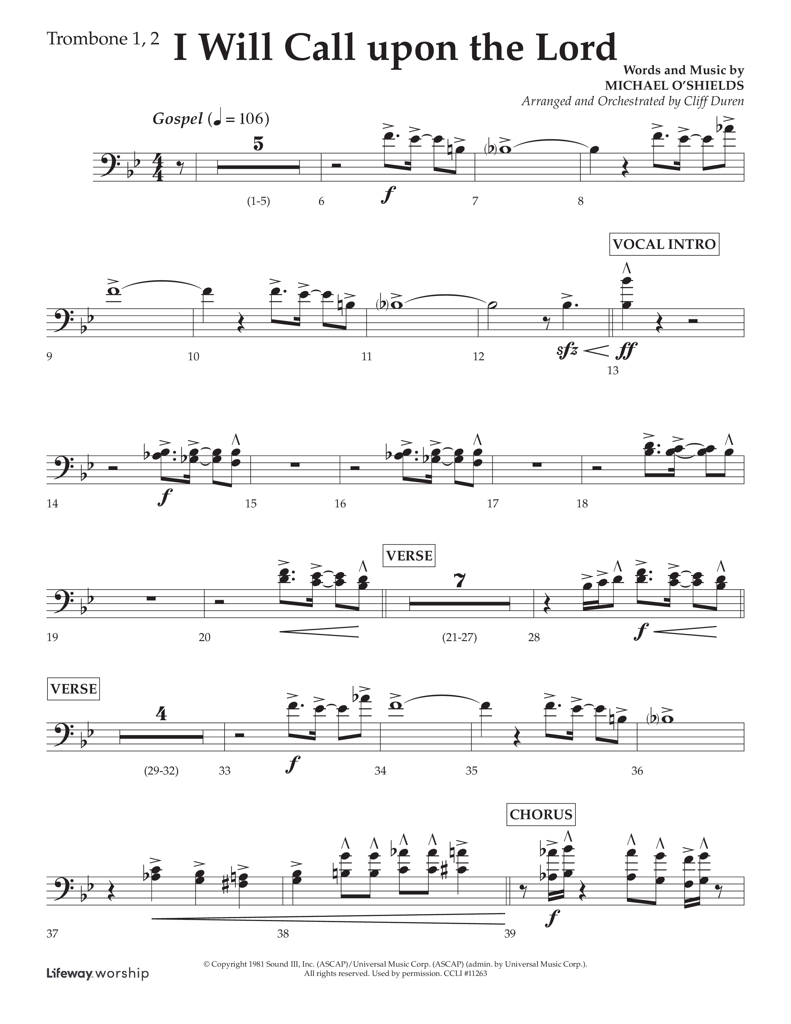 I Will Call Upon The Lord (Choral Anthem SATB) Trombone 1/2 (Lifeway Choral / Arr. Cliff Duren)