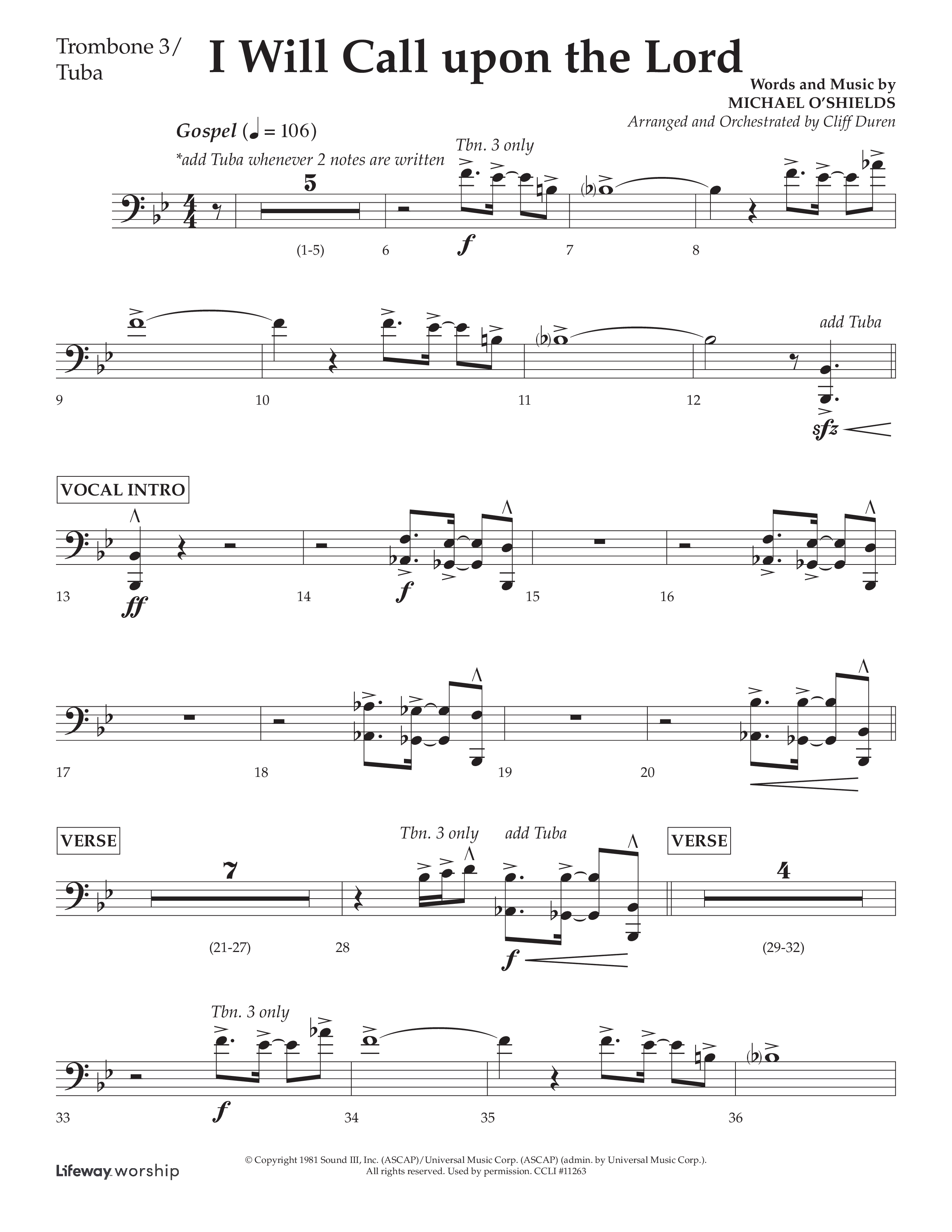 I Will Call Upon The Lord (Choral Anthem SATB) Trombone 3/Tuba (Lifeway Choral / Arr. Cliff Duren)