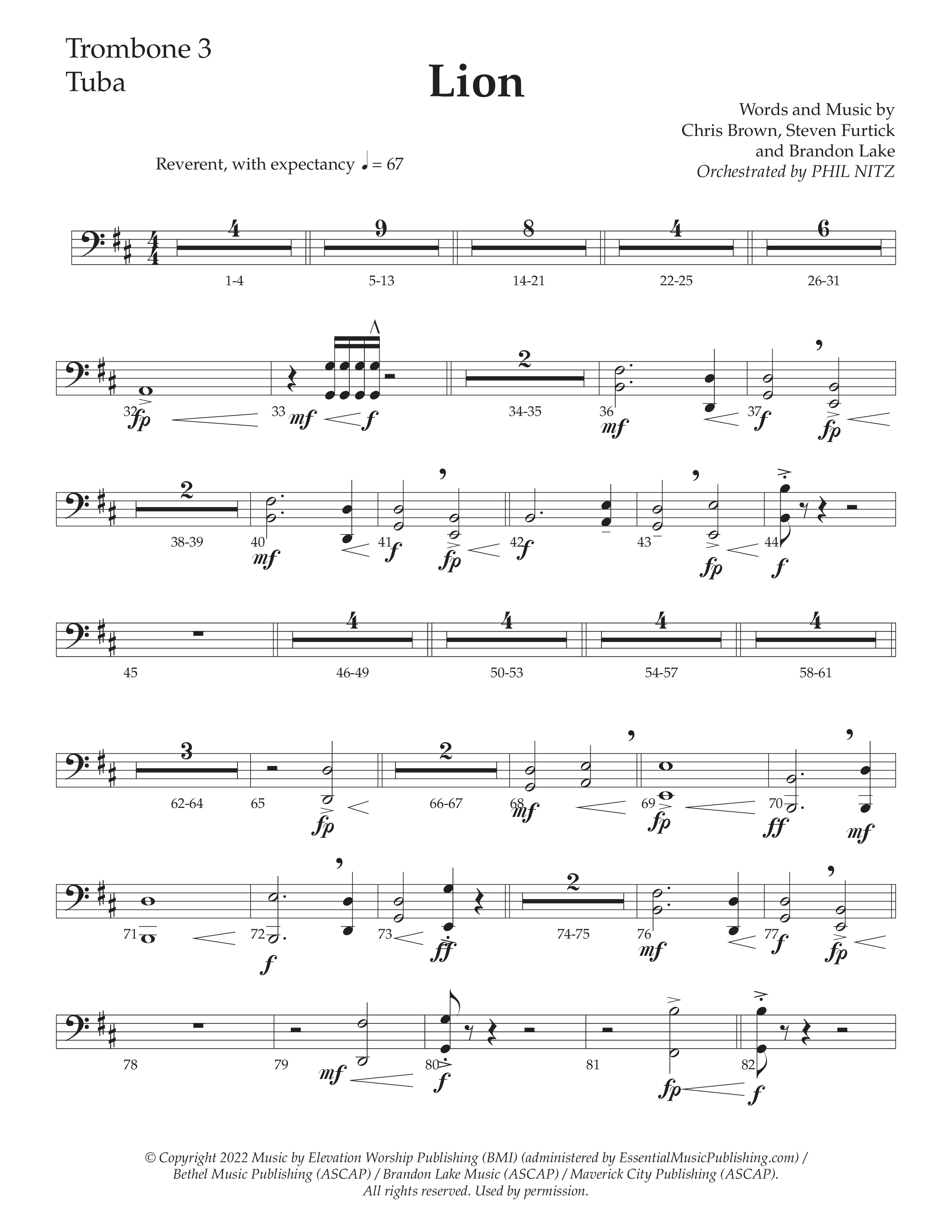 LION (Choral Anthem SATB) Trombone 3/Tuba (Daywind Worship / Arr. Phil Nitz)
