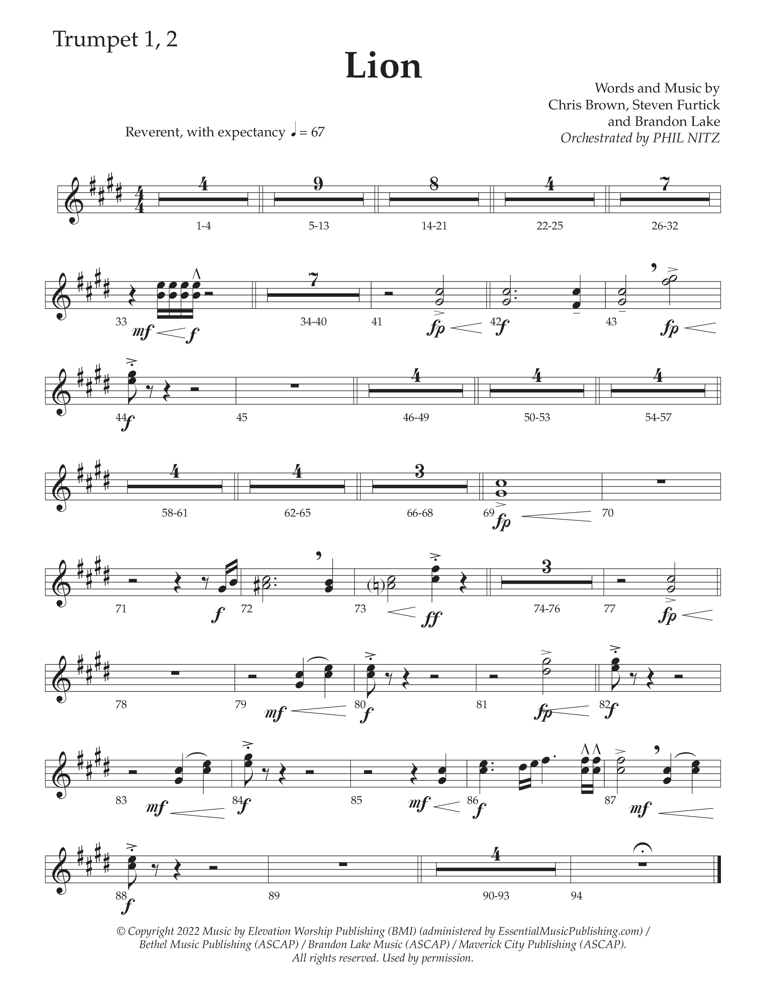 LION (Choral Anthem SATB) Trumpet 1,2 (Daywind Worship / Arr. Phil Nitz)