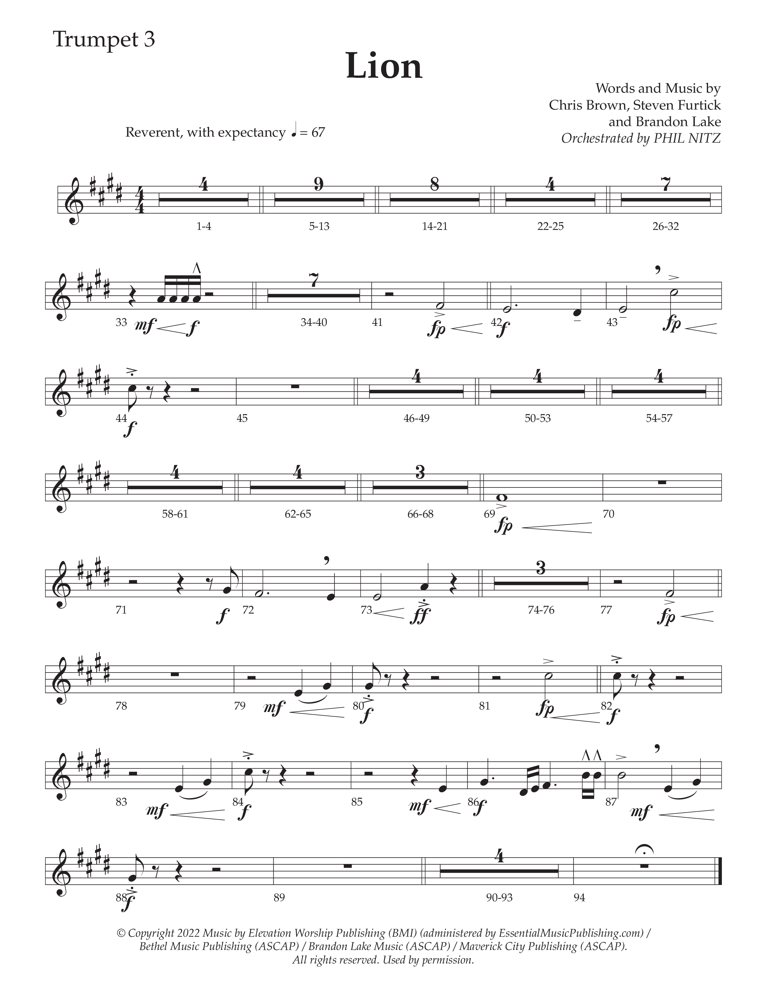 LION (Choral Anthem SATB) Trumpet 3 (Daywind Worship / Arr. Phil Nitz)