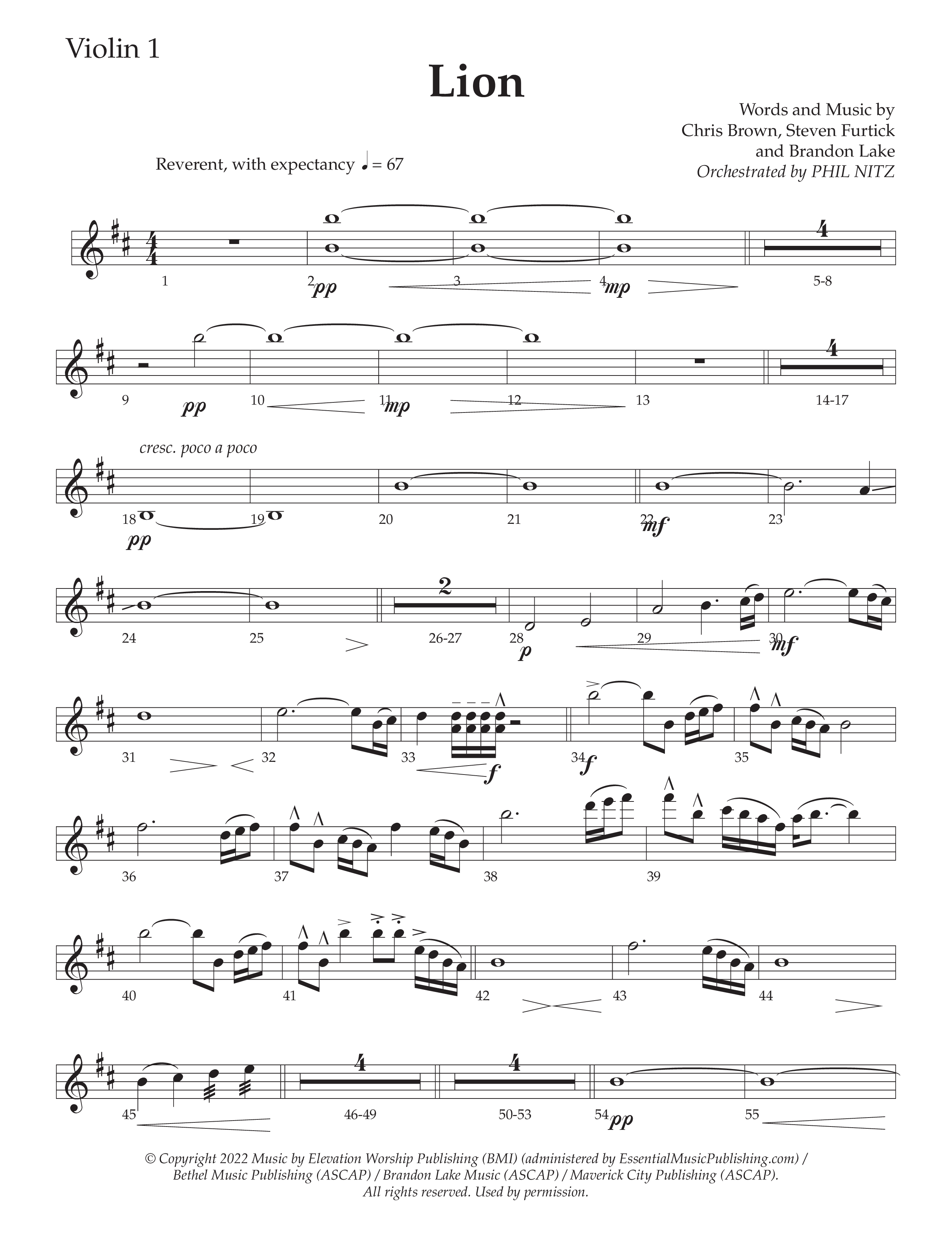 LION (Choral Anthem SATB) Violin 1 (Daywind Worship / Arr. Phil Nitz)