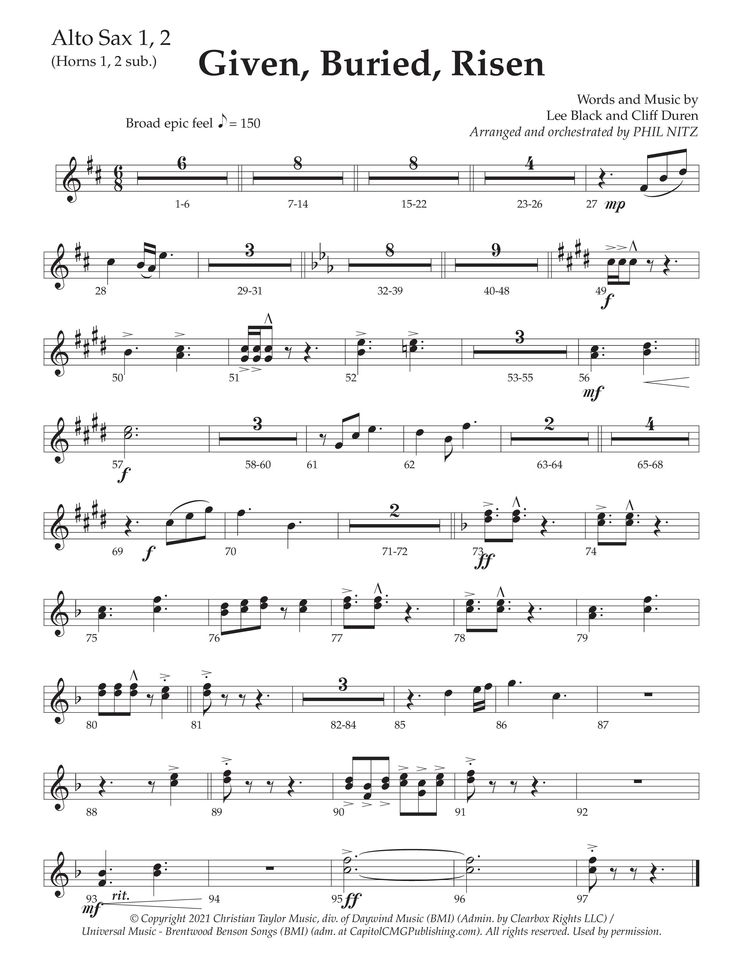 Given Buried Risen (Choral Anthem SATB) Alto Sax 1/2 (Daywind Worship / Arr. Phil Nitz)