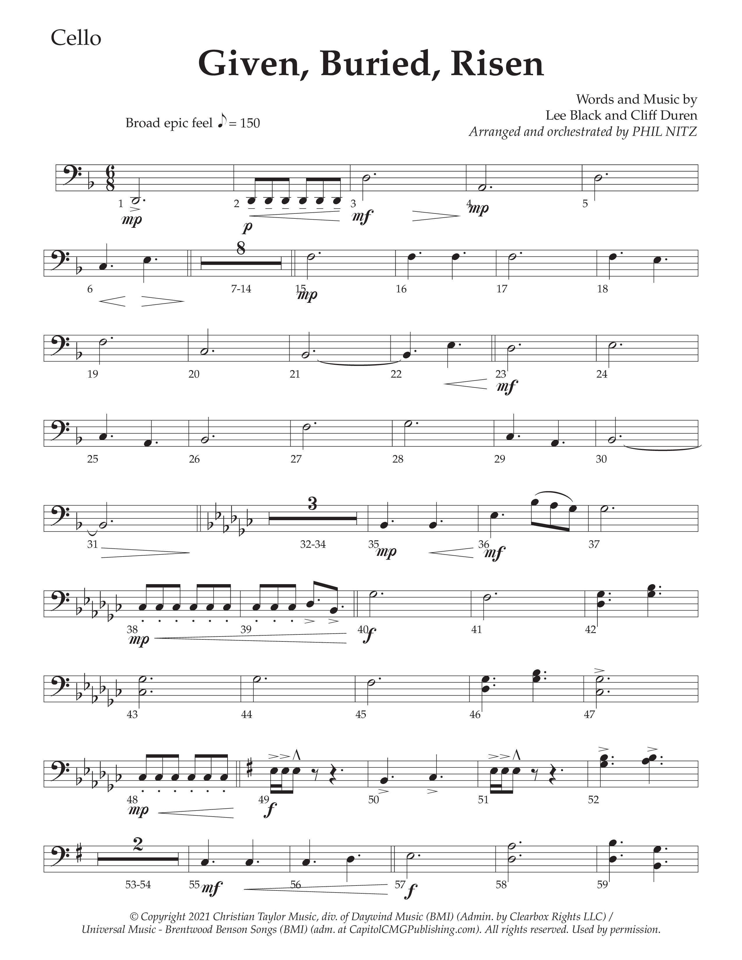 Given Buried Risen (Choral Anthem SATB) Cello (Daywind Worship / Arr. Phil Nitz)