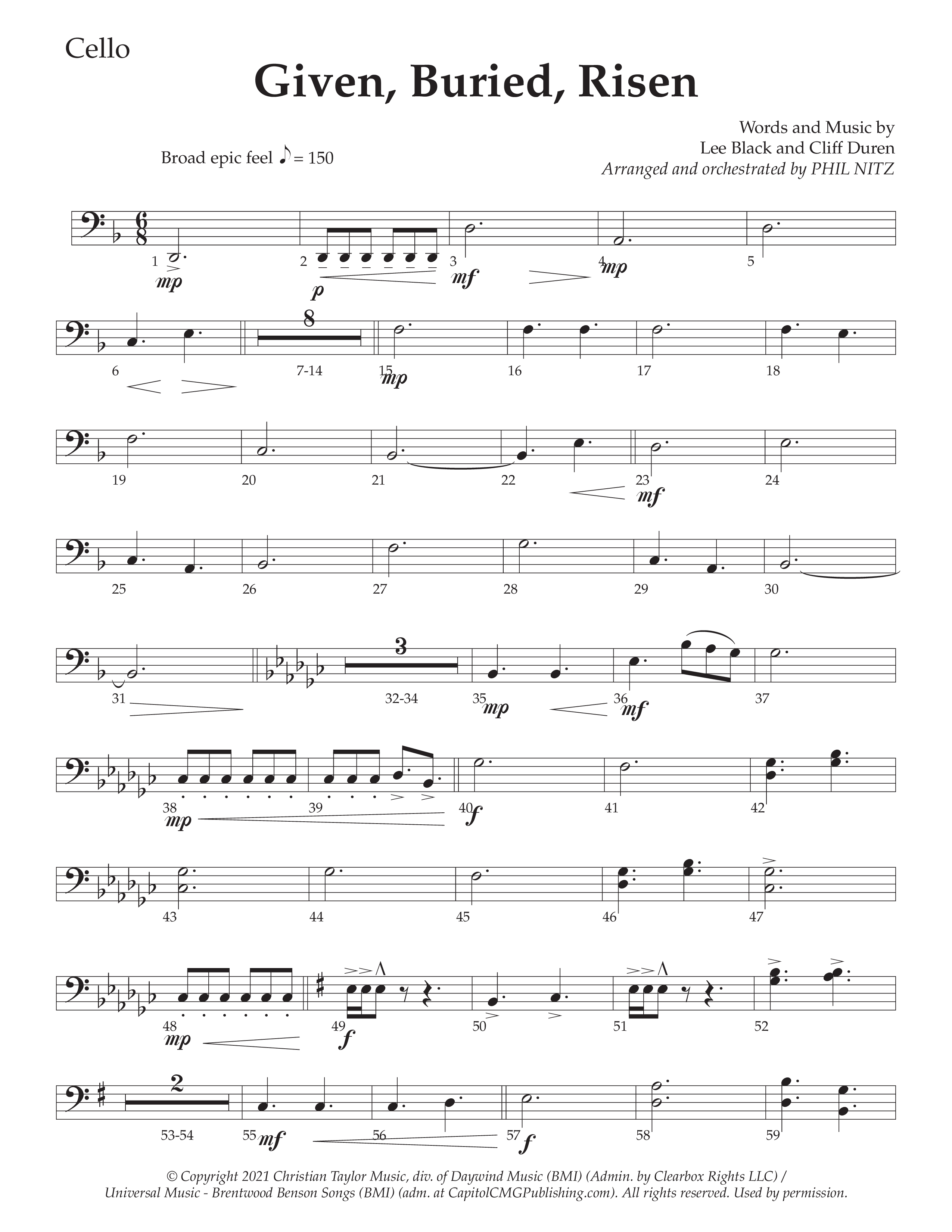 Given Buried Risen (Choral Anthem SATB) Cello (Daywind Worship / Arr. Phil Nitz)