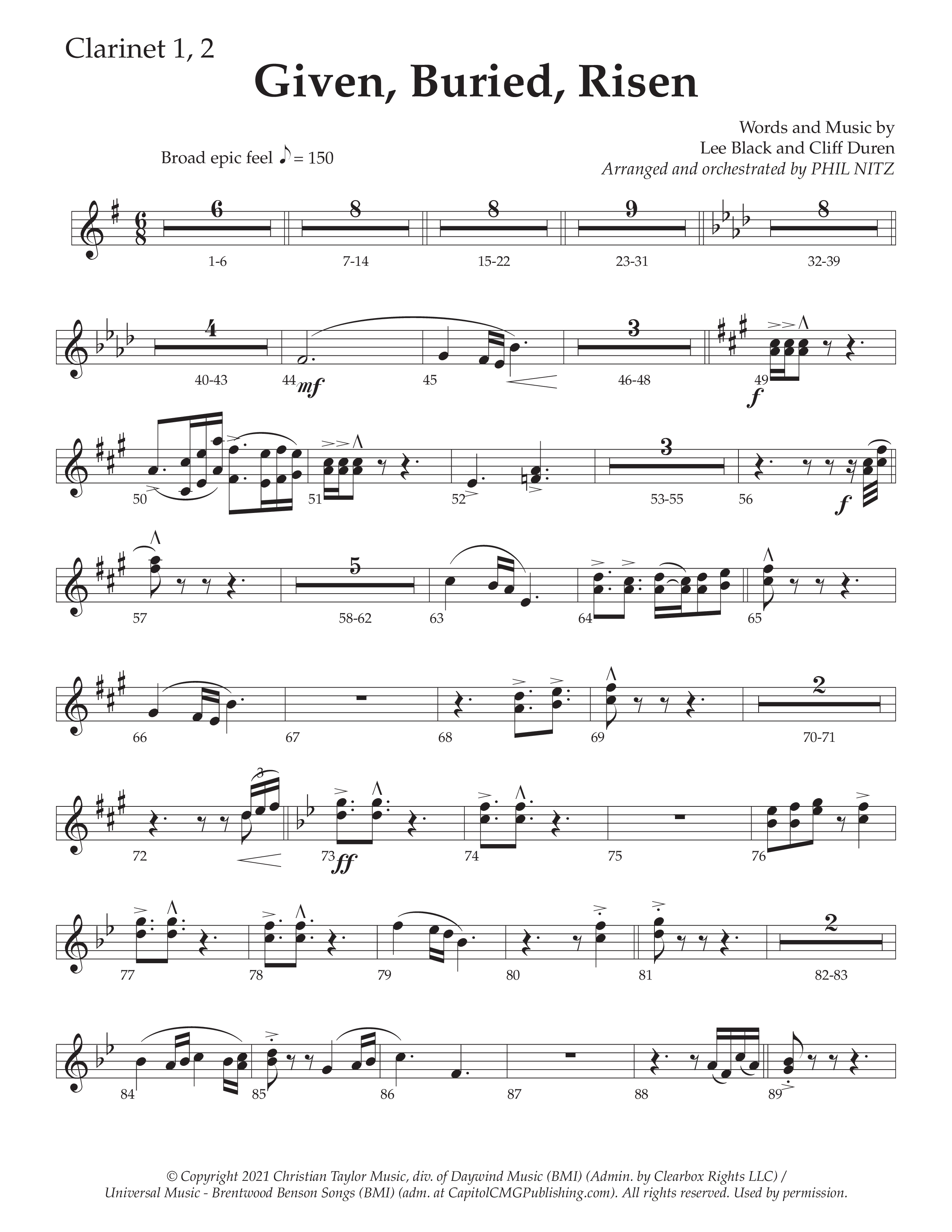 Given Buried Risen (Choral Anthem SATB) Clarinet 1/2 (Daywind Worship / Arr. Phil Nitz)