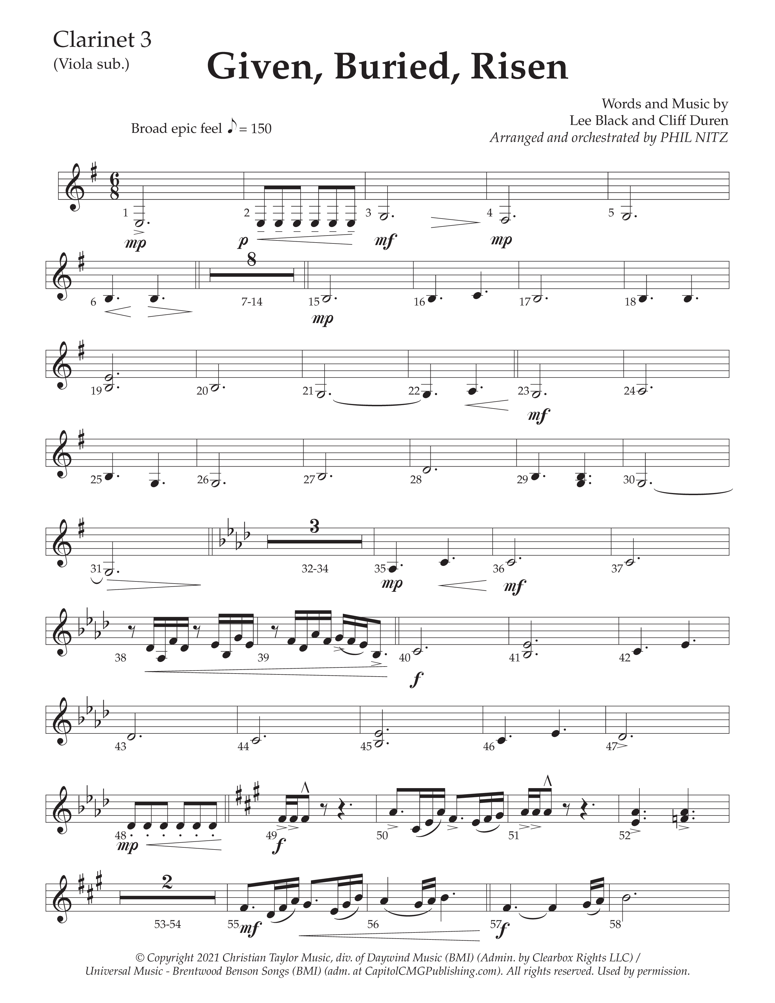 Given Buried Risen (Choral Anthem SATB) Clarinet 3 (Daywind Worship / Arr. Phil Nitz)