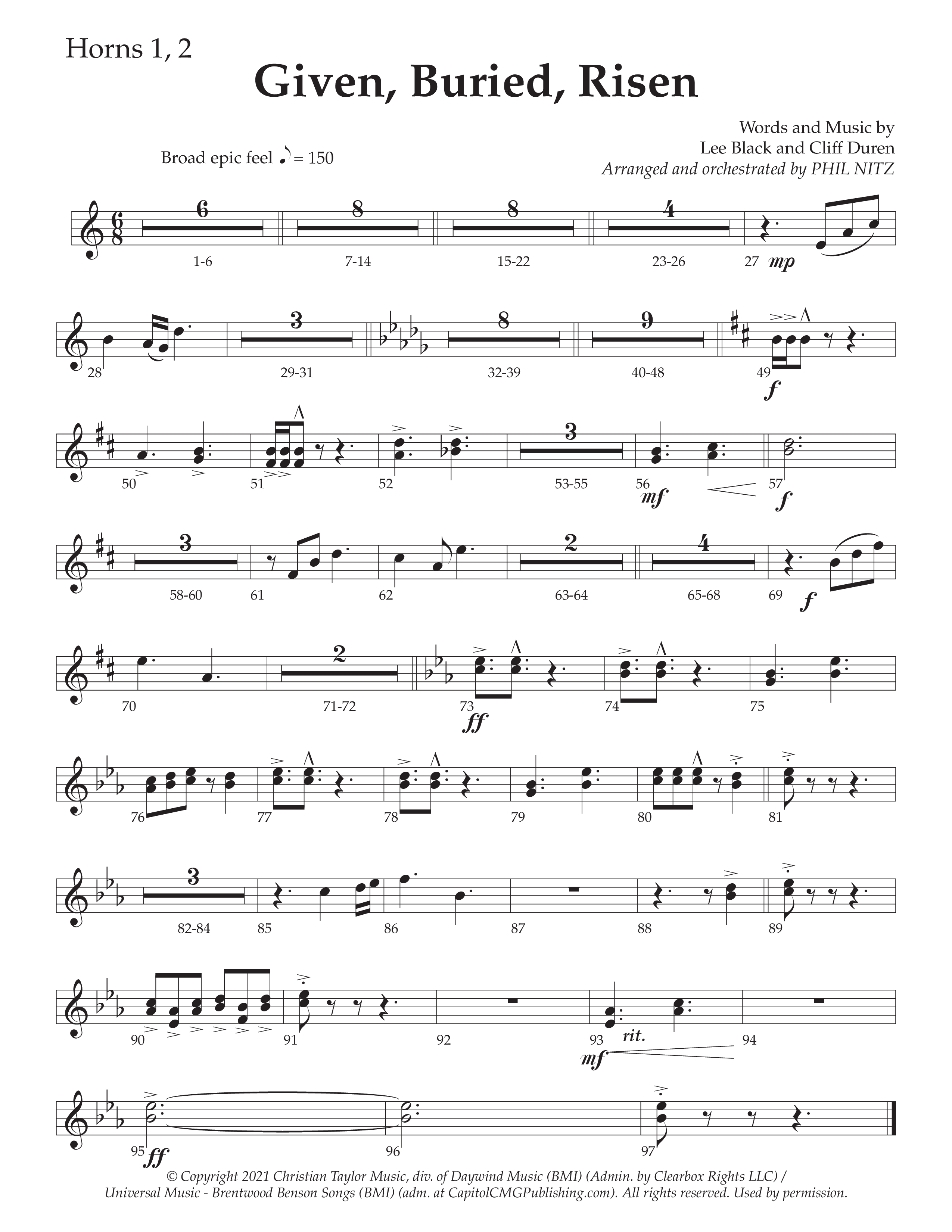 Given Buried Risen (Choral Anthem SATB) French Horn 1/2 (Daywind Worship / Arr. Phil Nitz)