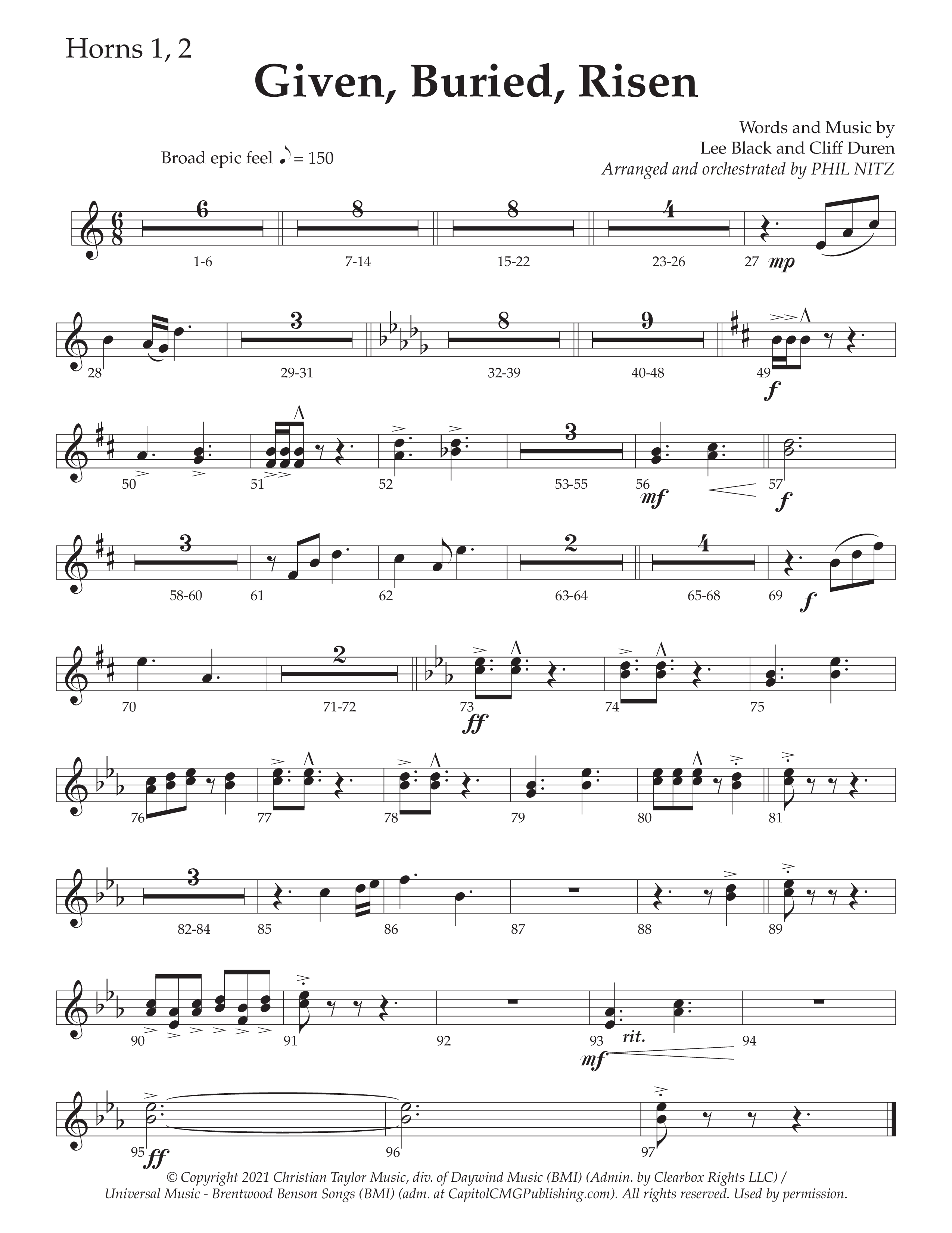 Given Buried Risen (Choral Anthem SATB) French Horn 1/2 (Daywind Worship / Arr. Phil Nitz)