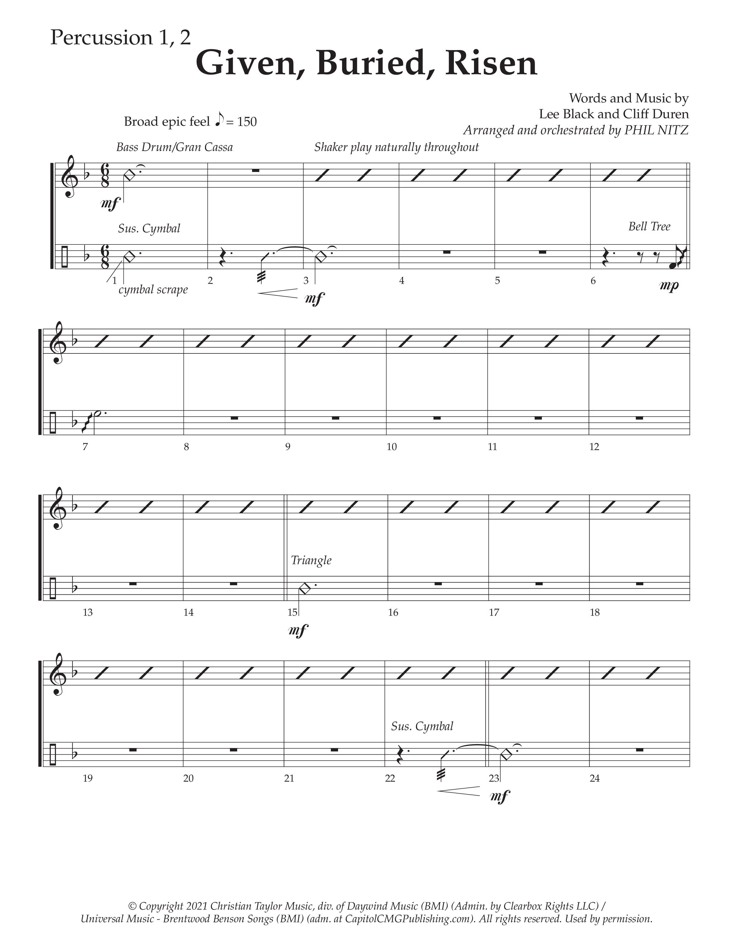 Given Buried Risen (Choral Anthem SATB) Percussion 1/2 (Daywind Worship / Arr. Phil Nitz)