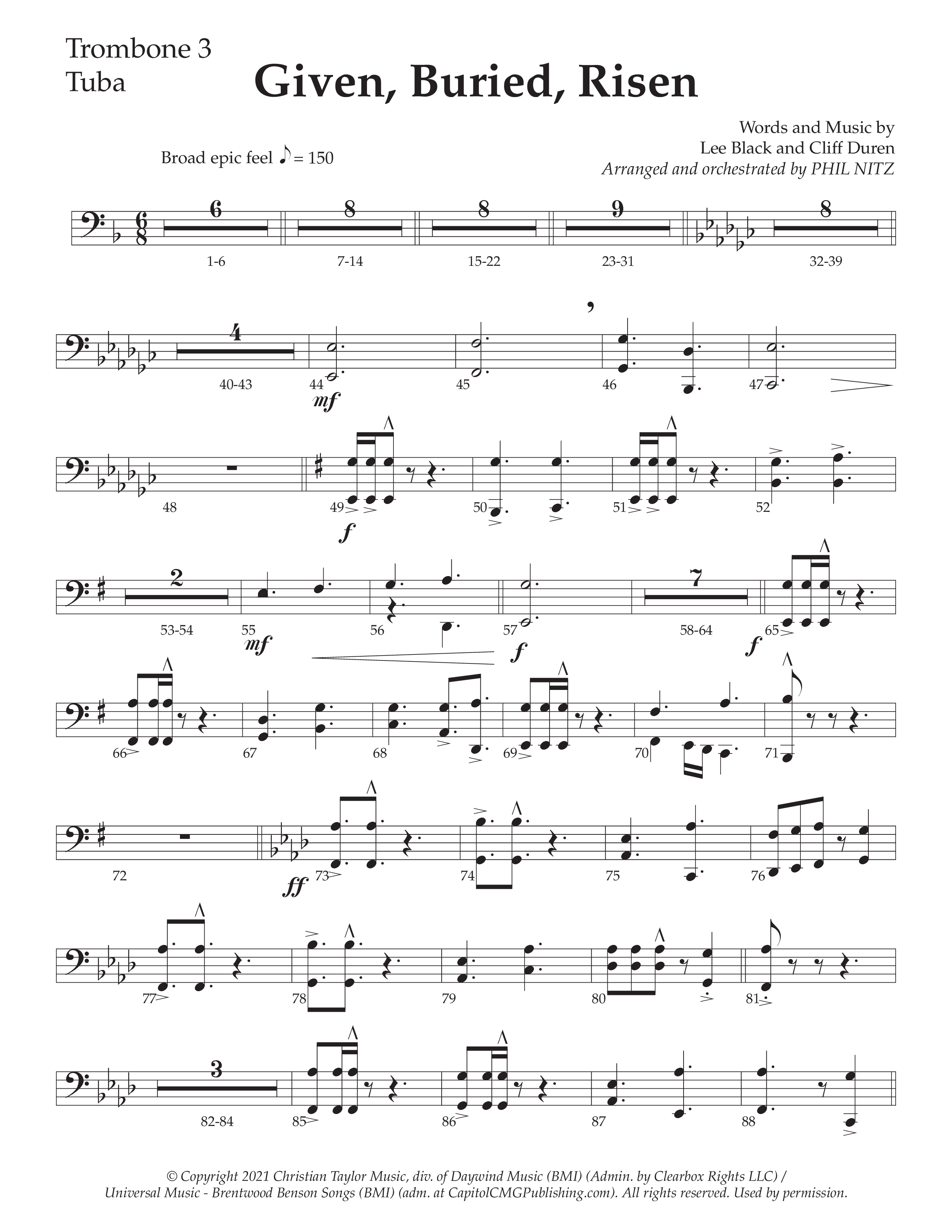 Given Buried Risen (Choral Anthem SATB) Trombone 3/Tuba (Daywind Worship / Arr. Phil Nitz)