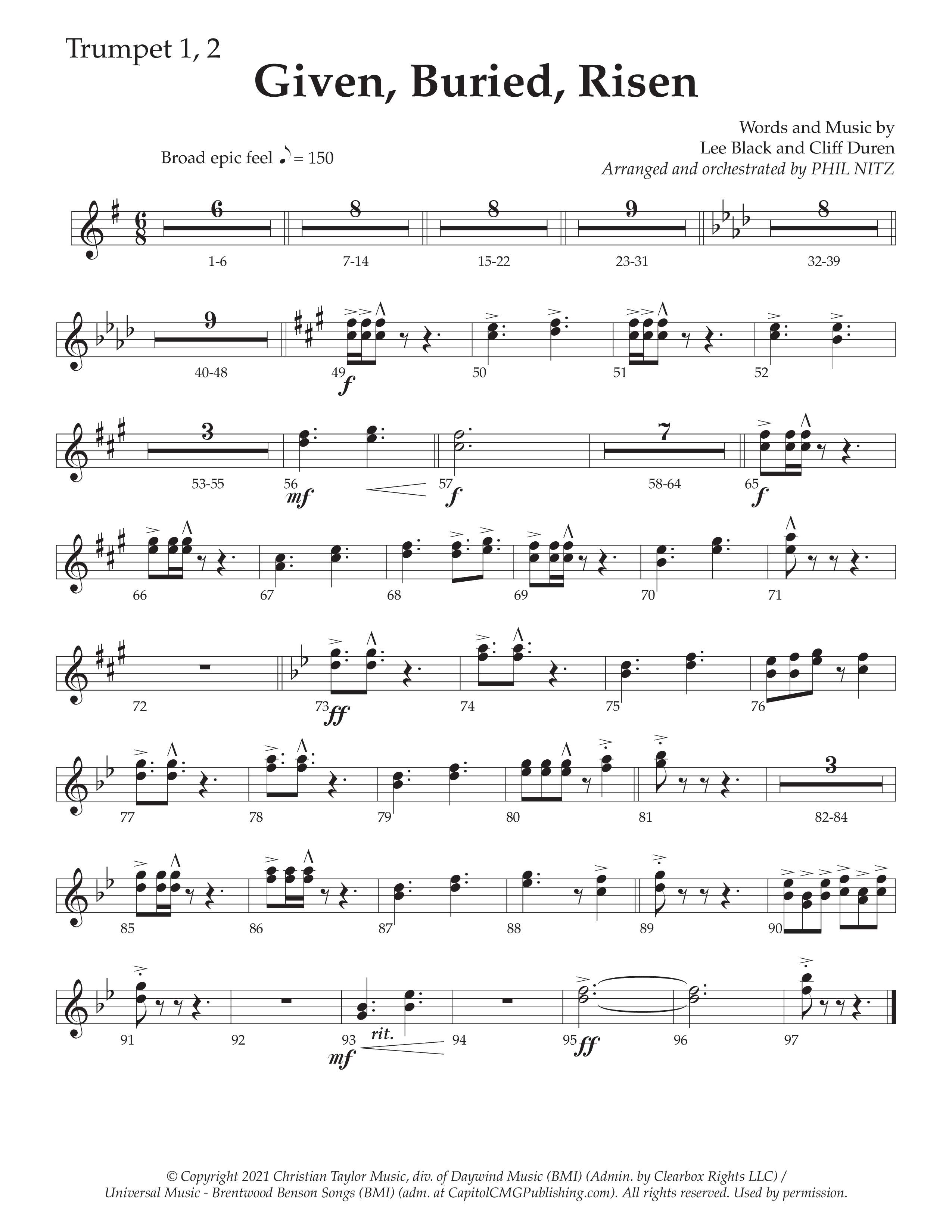 Given Buried Risen (Choral Anthem SATB) Trumpet 1,2 (Daywind Worship / Arr. Phil Nitz)