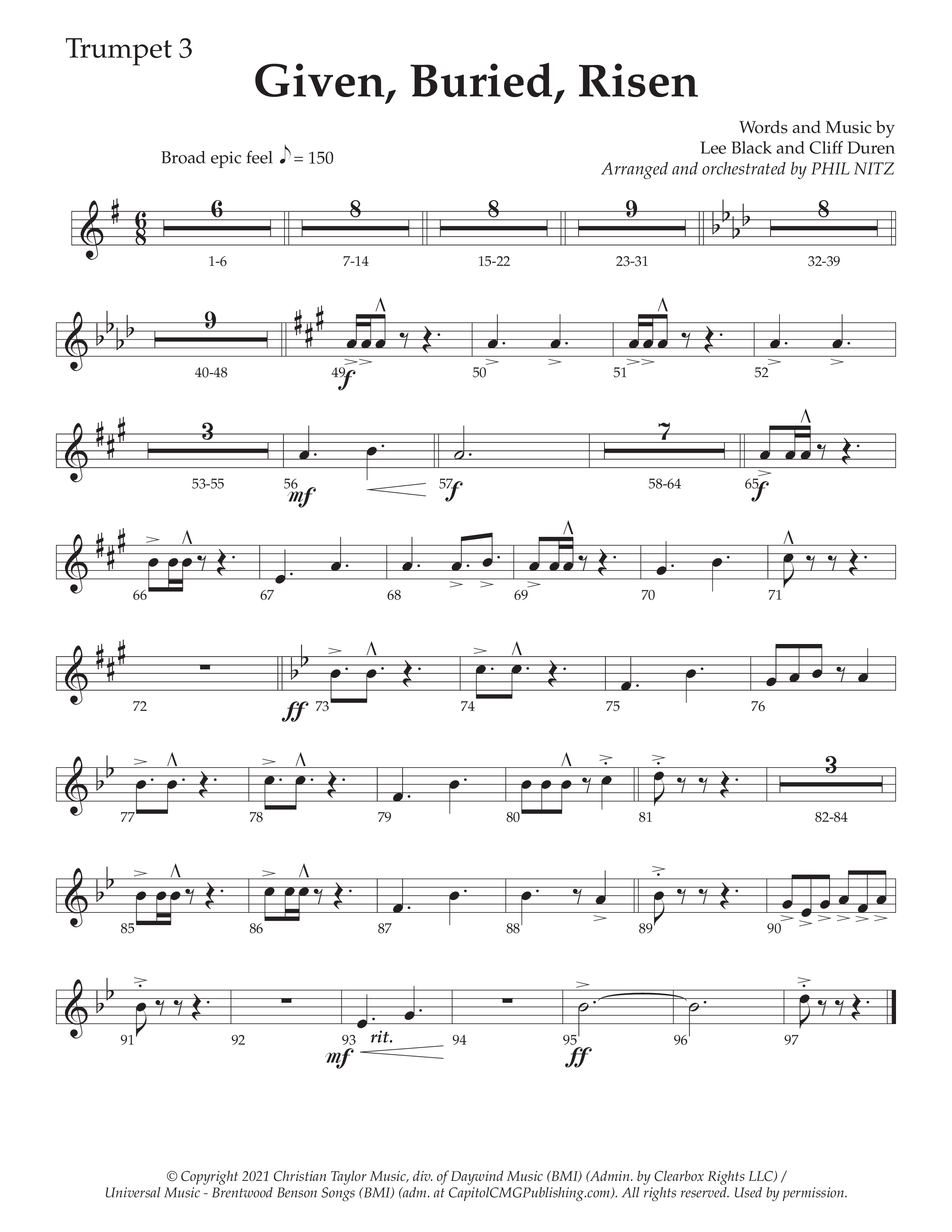 Given Buried Risen (Choral Anthem SATB) Trumpet 3 (Daywind Worship / Arr. Phil Nitz)