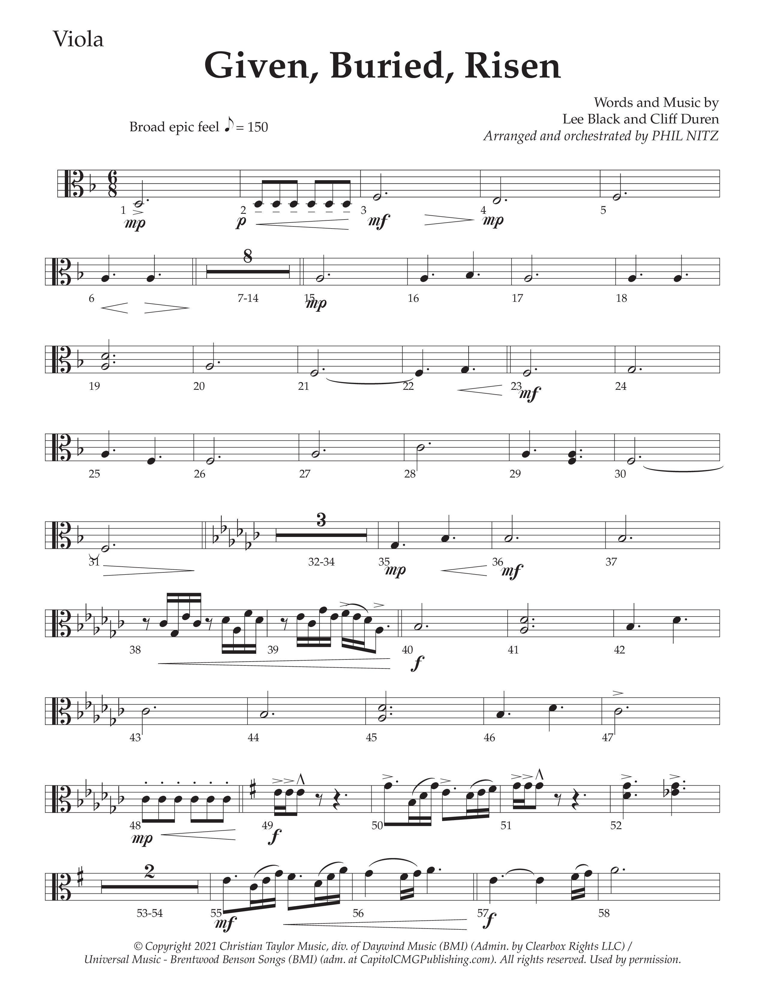 Given Buried Risen (Choral Anthem SATB) Viola (Daywind Worship / Arr. Phil Nitz)
