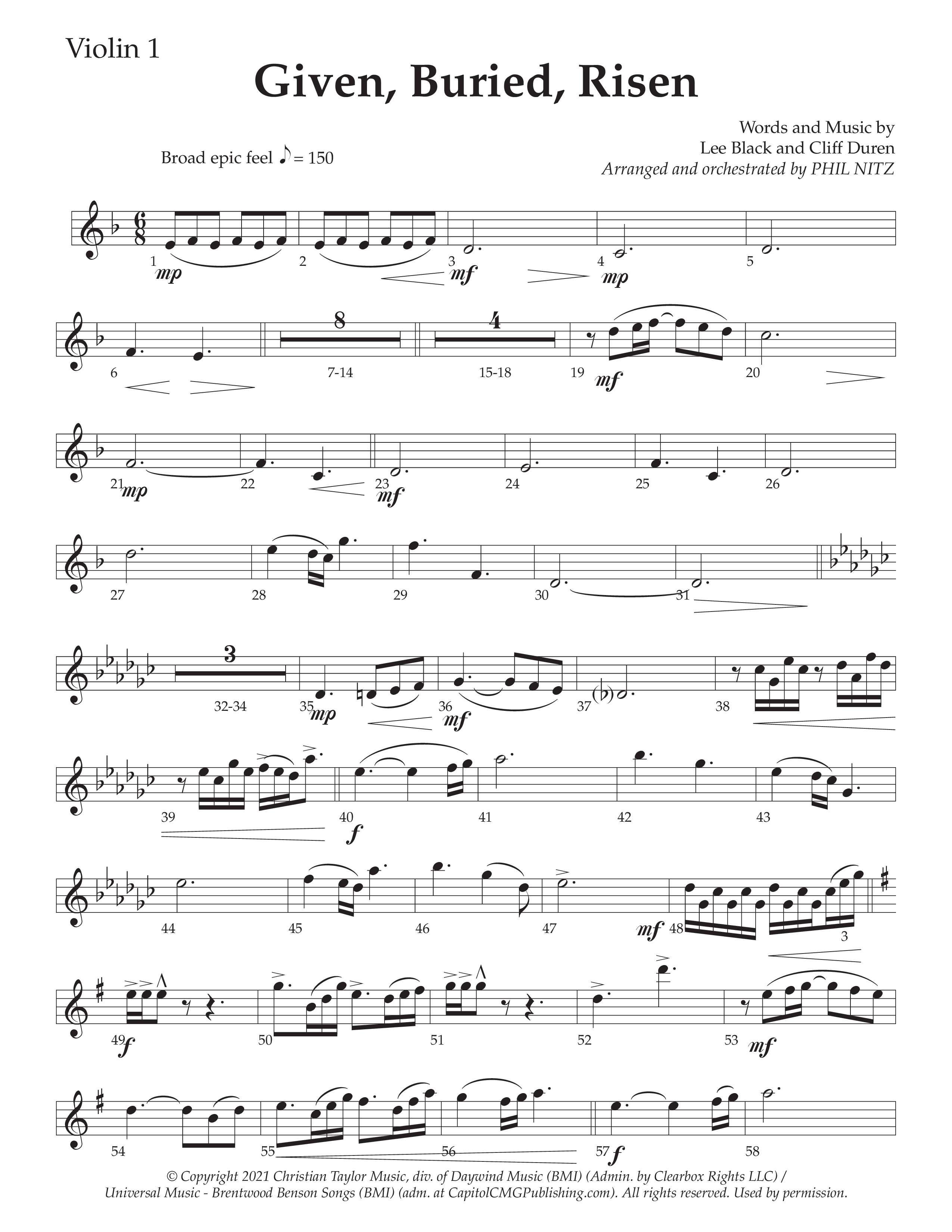 Given Buried Risen (Choral Anthem SATB) Violin 1 (Daywind Worship / Arr. Phil Nitz)