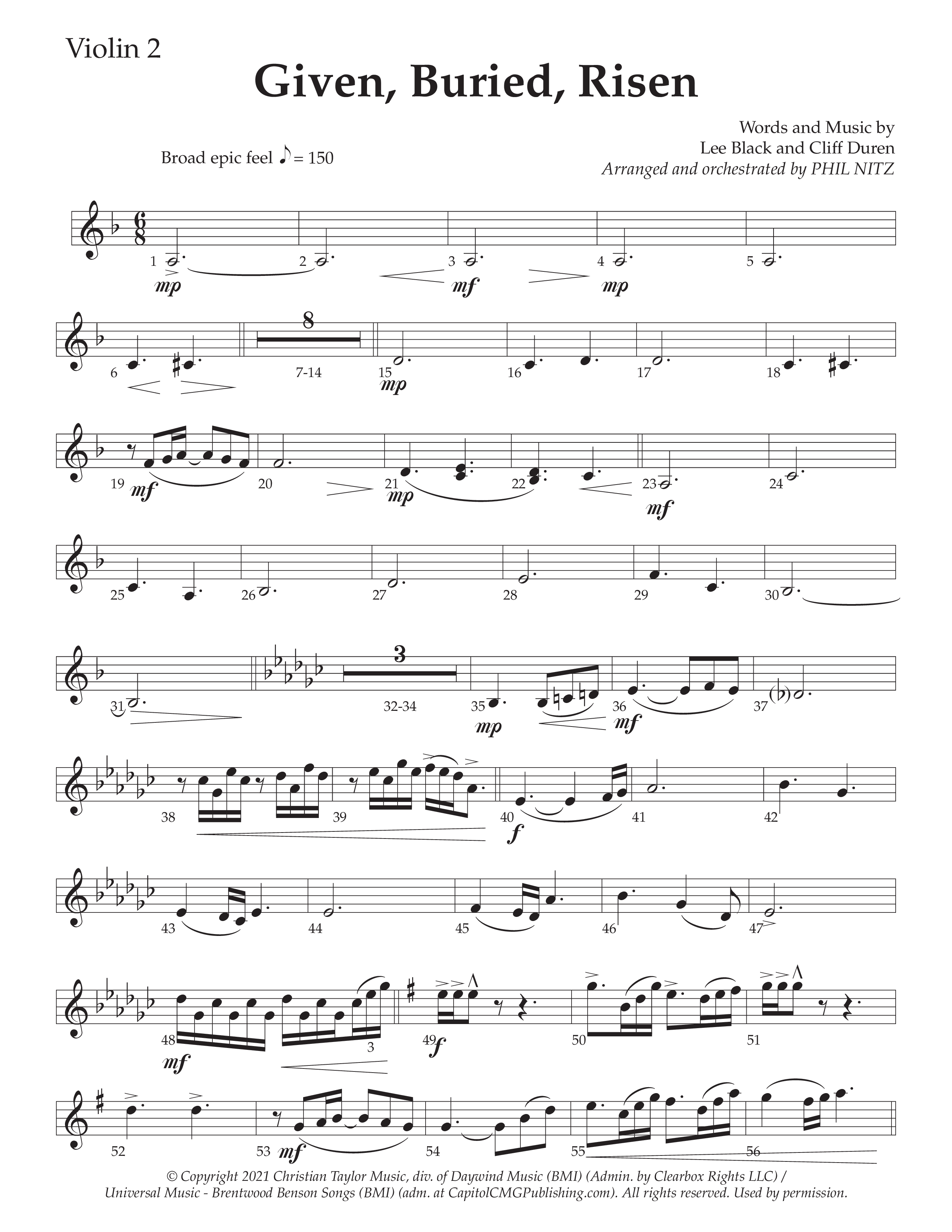 Given Buried Risen (Choral Anthem SATB) Violin 2 (Daywind Worship / Arr. Phil Nitz)