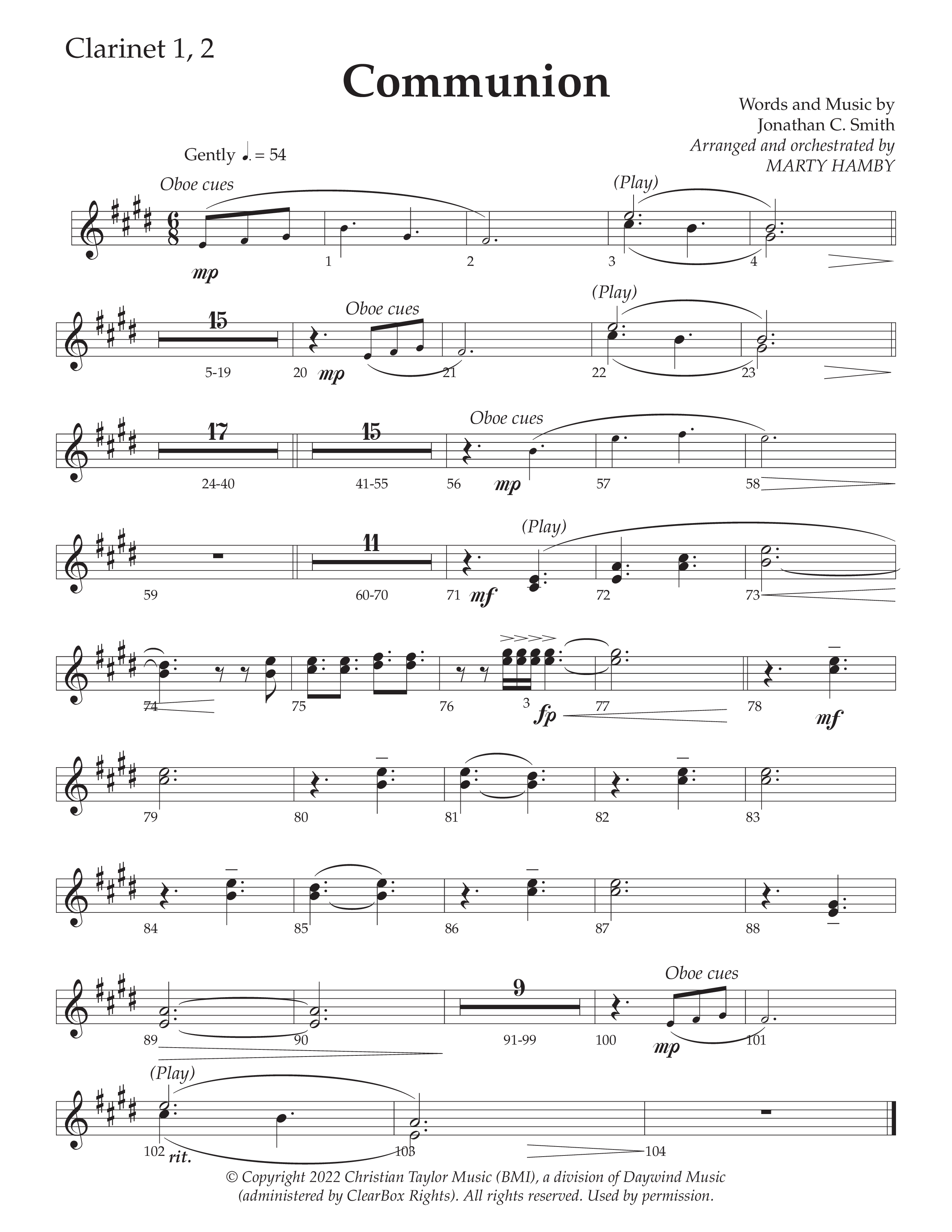 Communion (Choral Anthem SATB) Clarinet 1/2 (Daywind Worship / Arr. Marty Hamby)