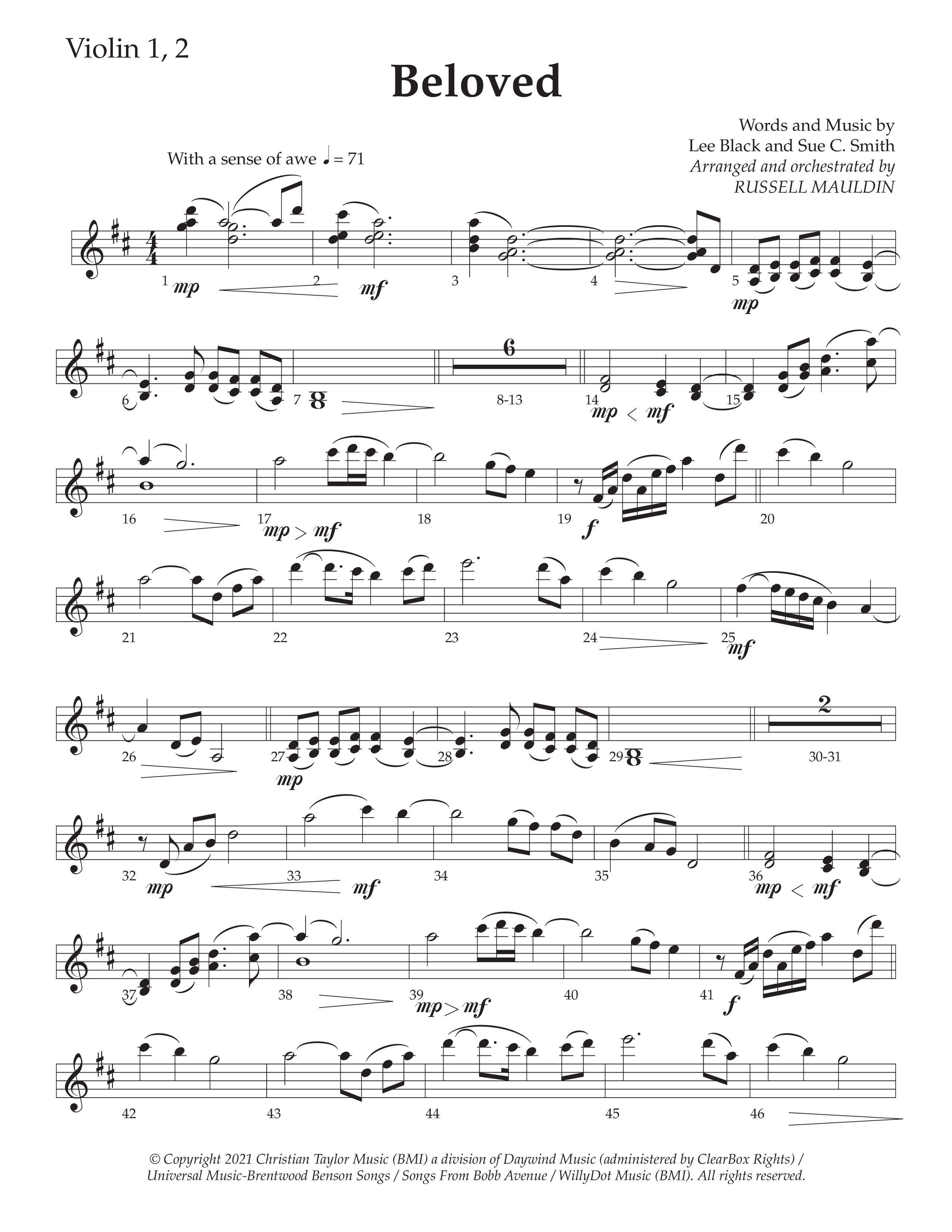 Beloved (Choral Anthem SATB) Violin 1/2 (Daywind Worship / Arr. Russell Mauldin)
