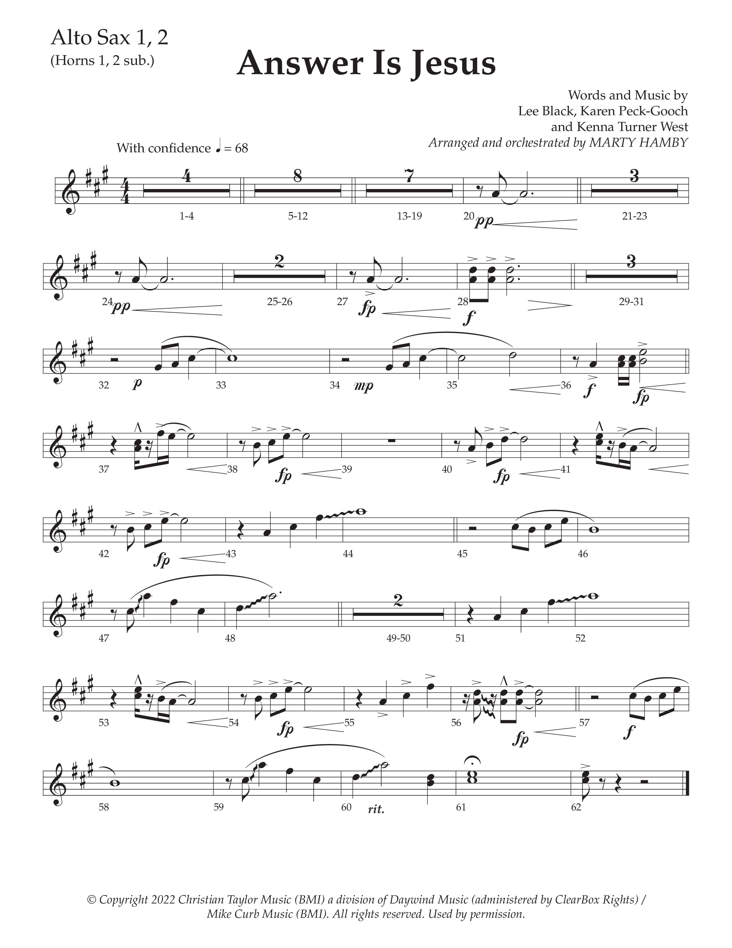 Answer Is Jesus (Choral Anthem SATB) Alto Sax 1/2 (Daywind Worship / Arr. Marty Hamby)