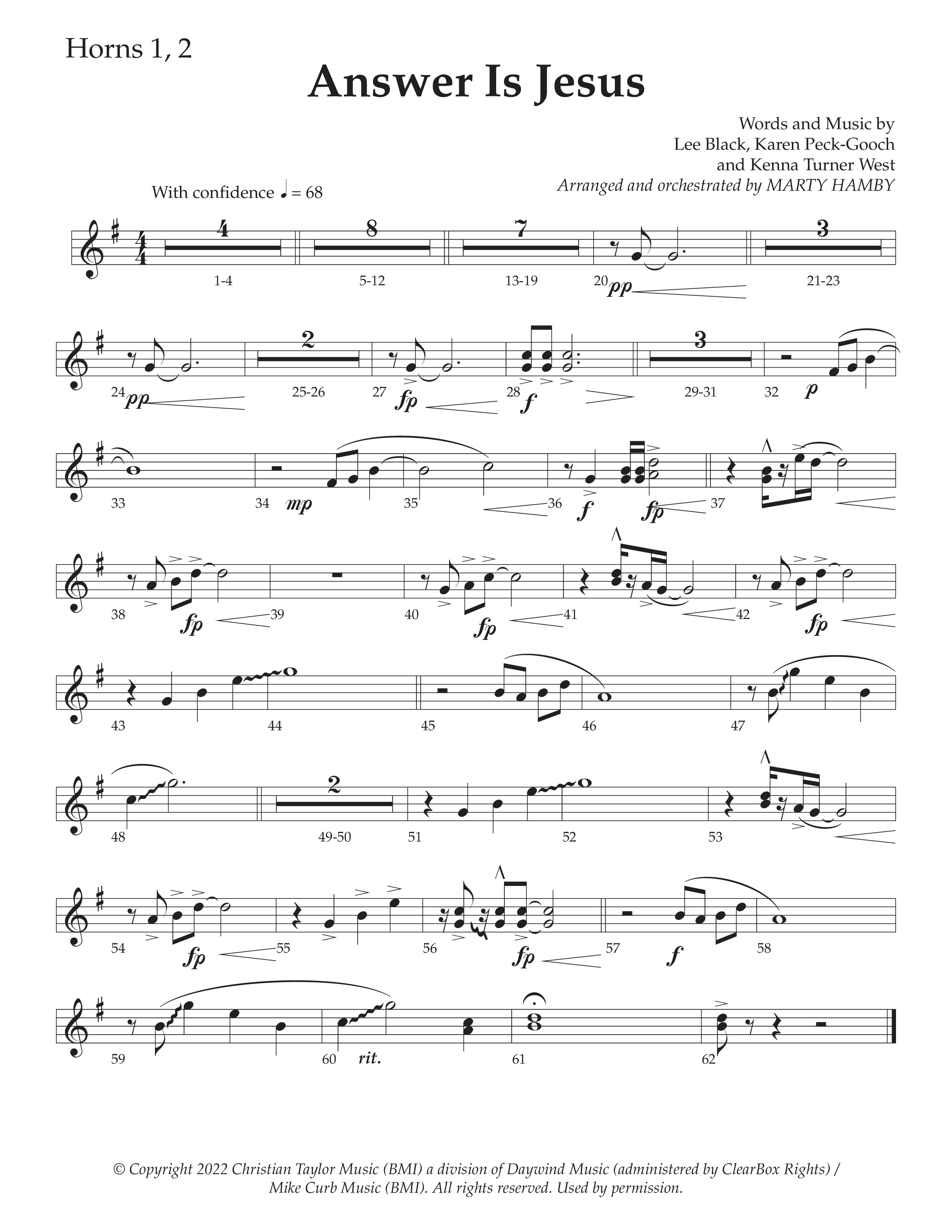 Answer Is Jesus (Choral Anthem SATB) French Horn 1/2 (Daywind Worship / Arr. Marty Hamby)