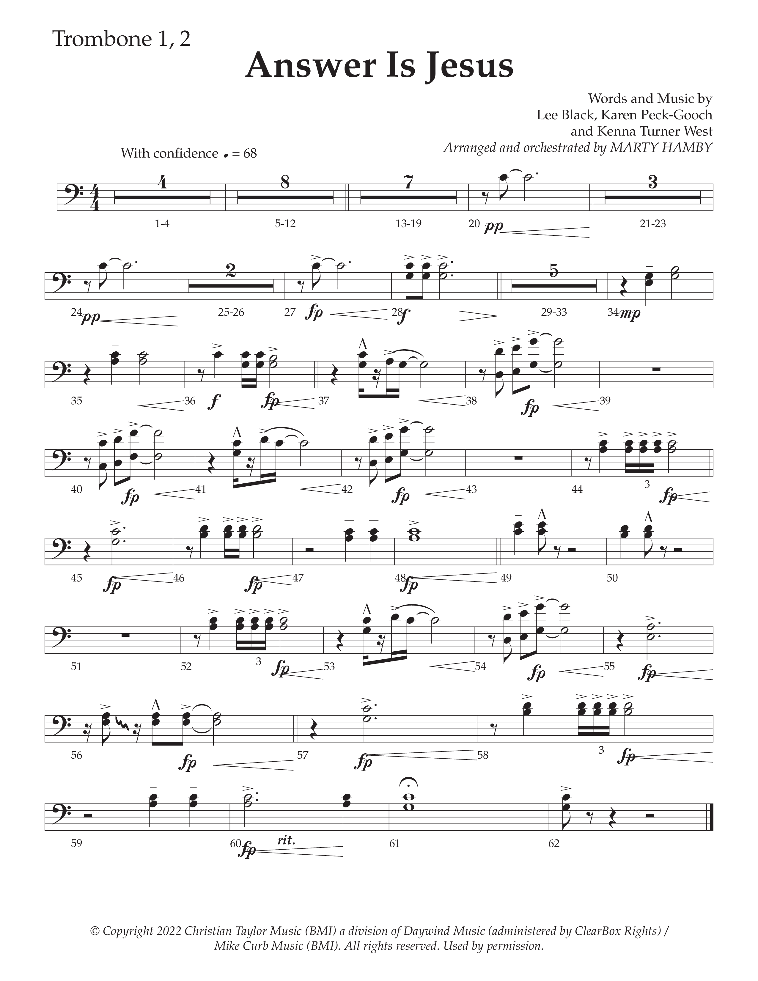 Answer Is Jesus (Choral Anthem SATB) Trombone 1/2 (Daywind Worship / Arr. Marty Hamby)