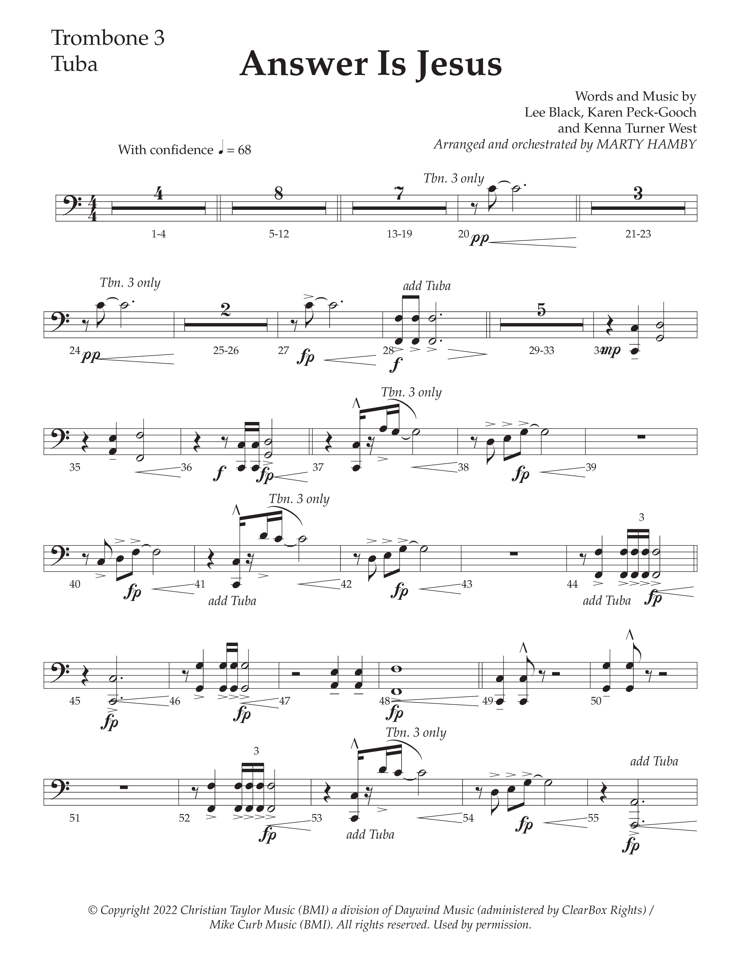 Answer Is Jesus (Choral Anthem SATB) Trombone 3/Tuba (Daywind Worship / Arr. Marty Hamby)
