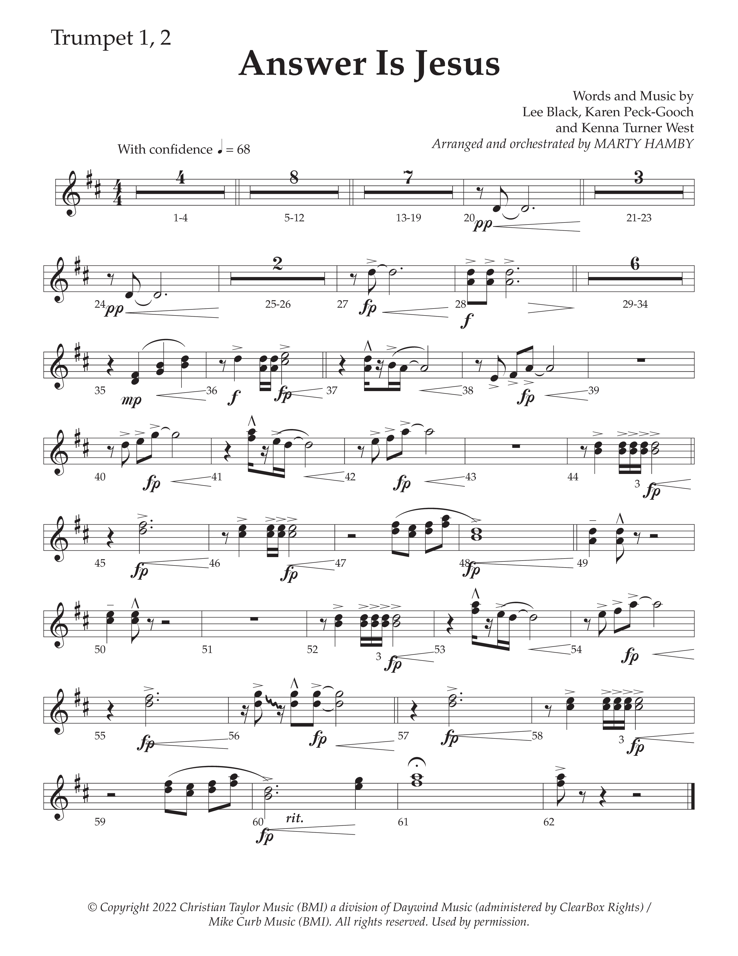 Answer Is Jesus (Choral Anthem SATB) Trumpet 1,2 (Daywind Worship / Arr. Marty Hamby)