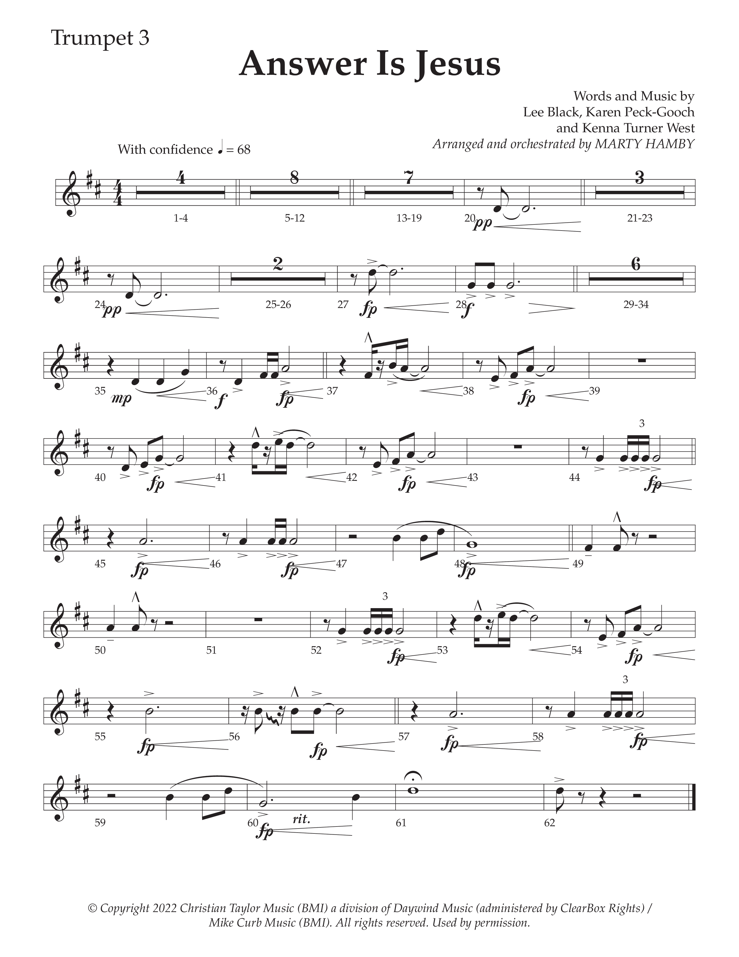 Answer Is Jesus (Choral Anthem SATB) Trumpet 3 (Daywind Worship / Arr. Marty Hamby)