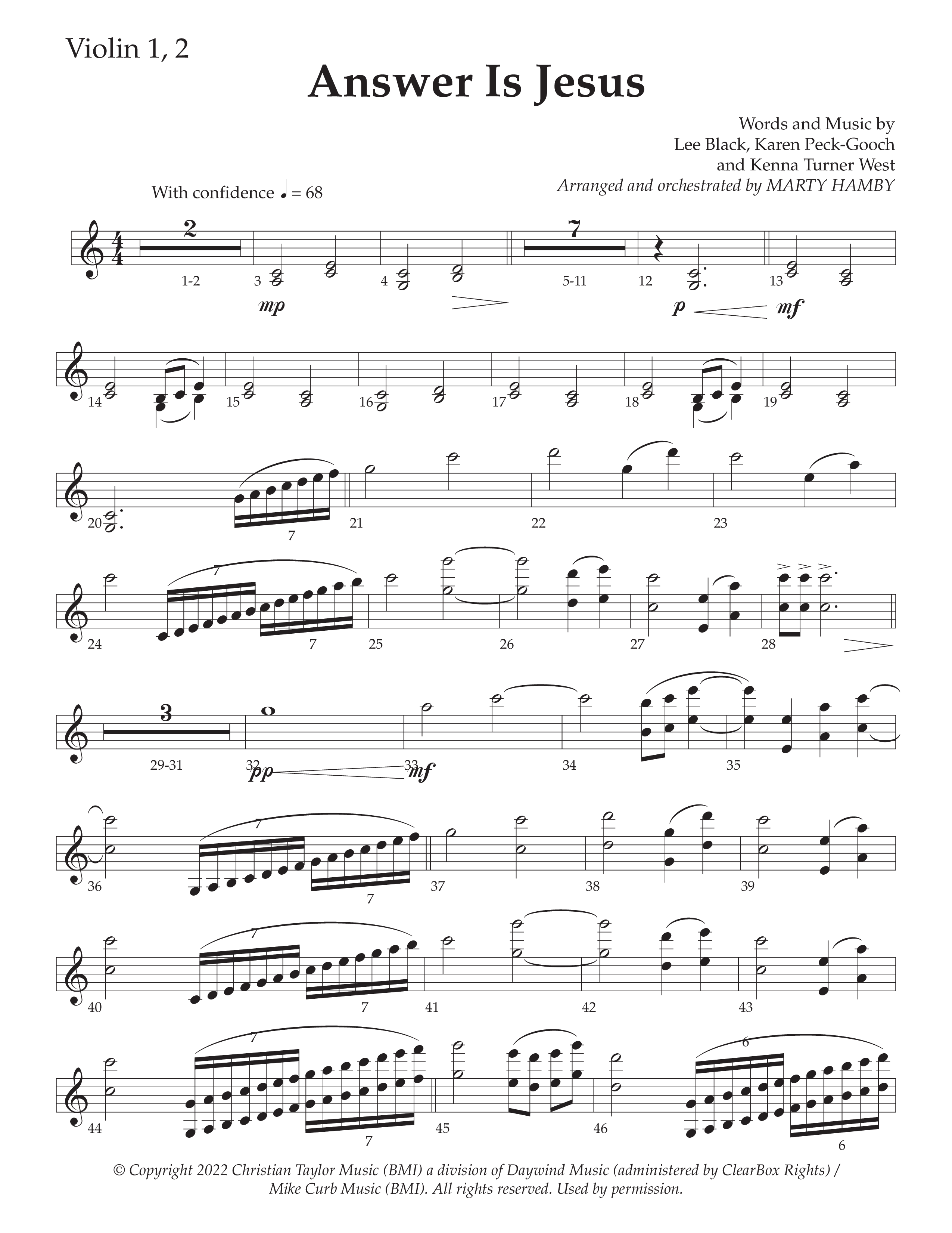 Answer Is Jesus (Choral Anthem SATB) Violin 1/2 (Daywind Worship / Arr. Marty Hamby)