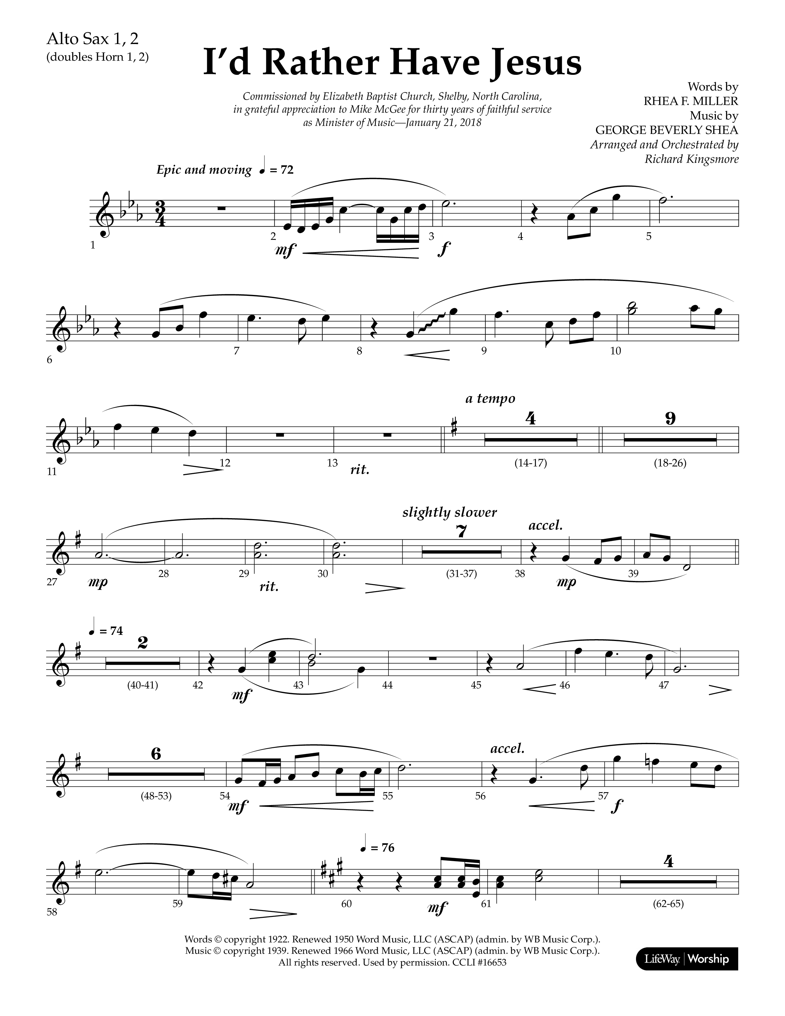 I'd Rather Have Jesus (Choral Anthem SATB) Alto Sax 1/2 (Lifeway Choral / Arr. Richard Kingsmore)