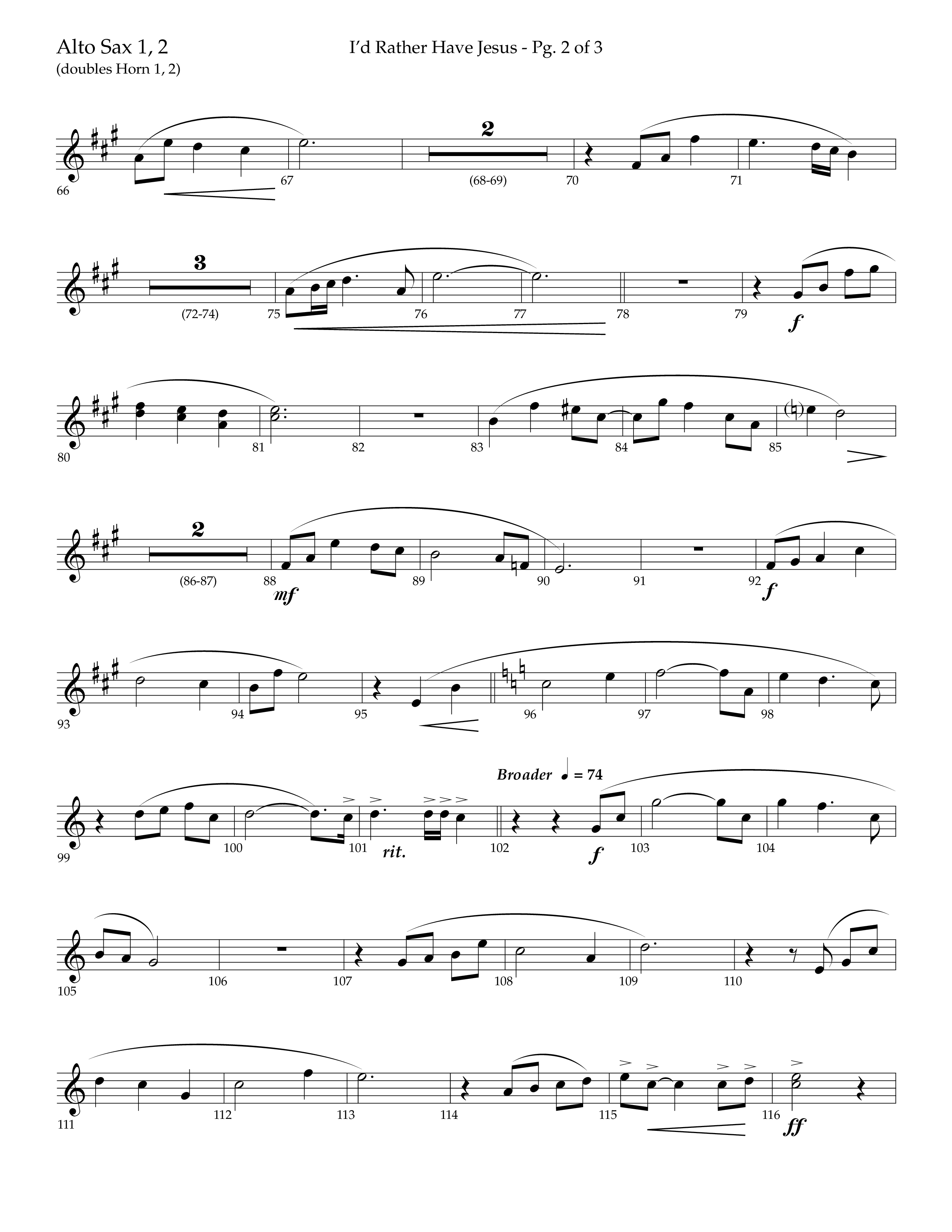I'd Rather Have Jesus (Choral Anthem SATB) Alto Sax 1/2 (Lifeway Choral / Arr. Richard Kingsmore)