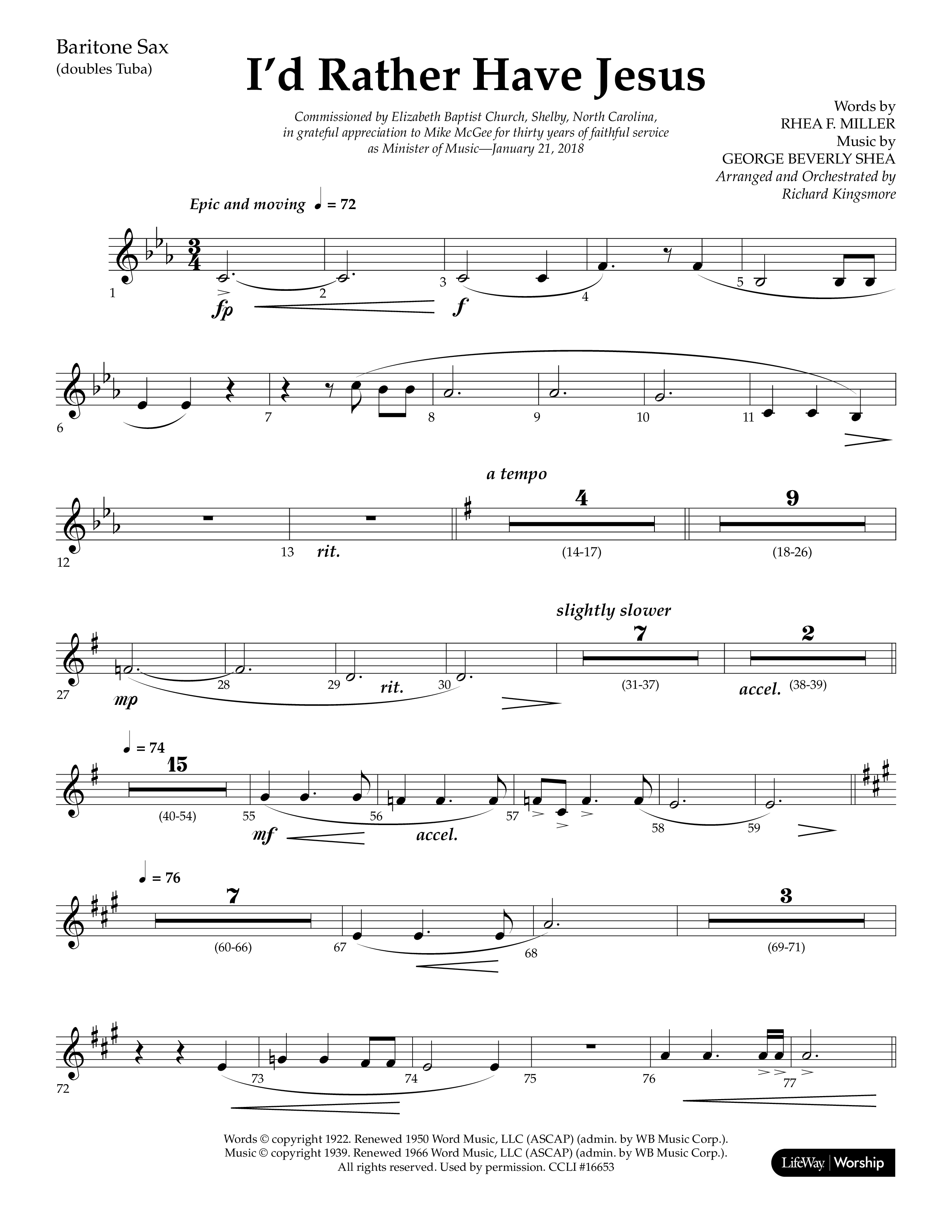 I'd Rather Have Jesus (Choral Anthem SATB) Bari Sax (Lifeway Choral / Arr. Richard Kingsmore)