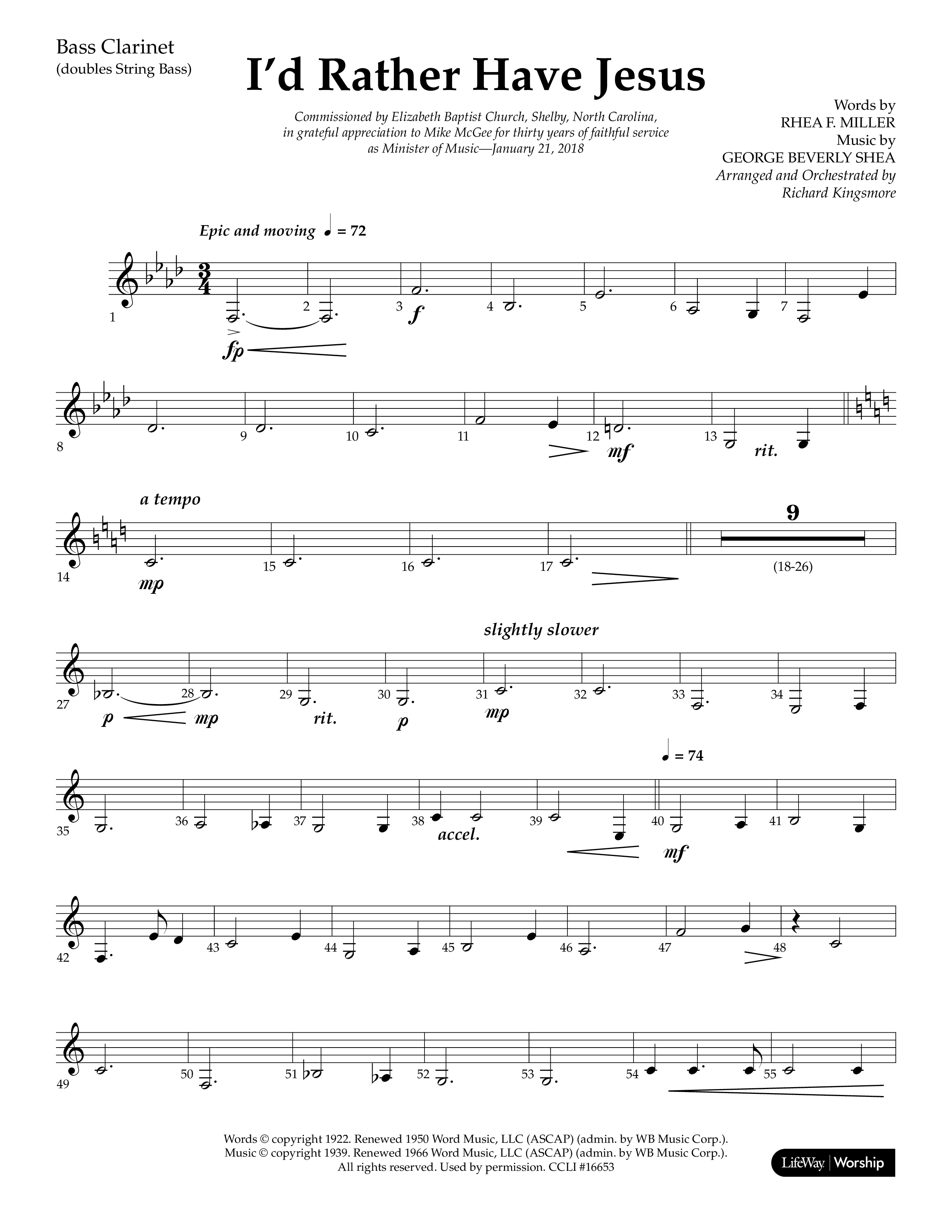 I'd Rather Have Jesus (Choral Anthem SATB) Bass Clarinet (Lifeway Choral / Arr. Richard Kingsmore)