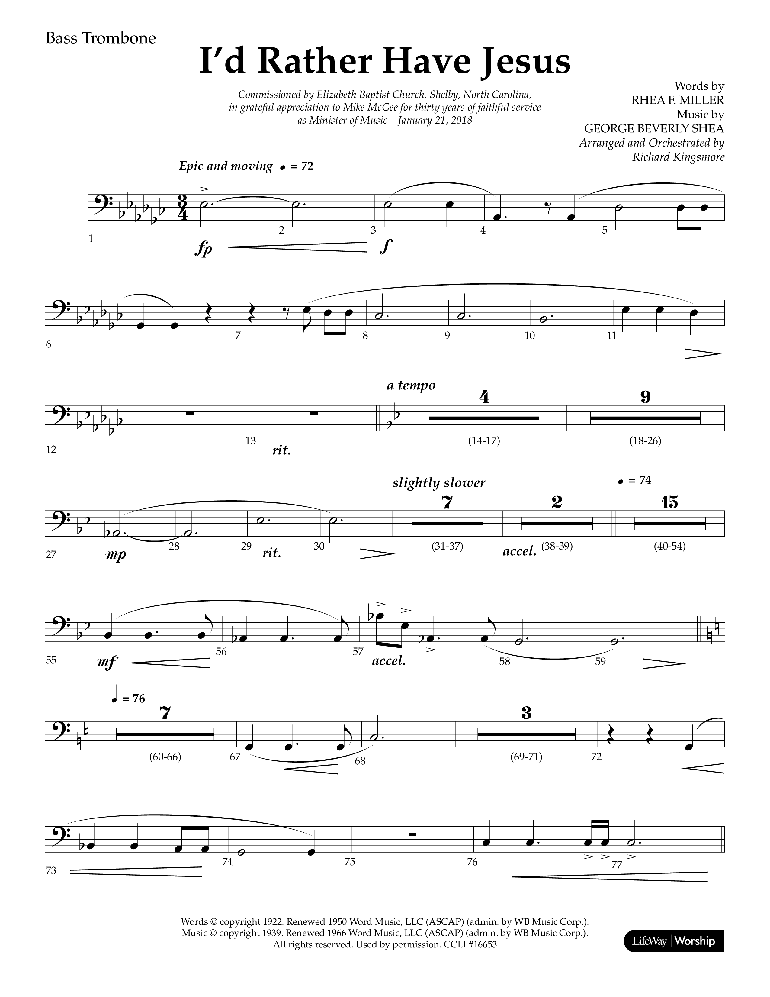 I'd Rather Have Jesus (Choral Anthem SATB) Bass Trombone (Lifeway Choral / Arr. Richard Kingsmore)