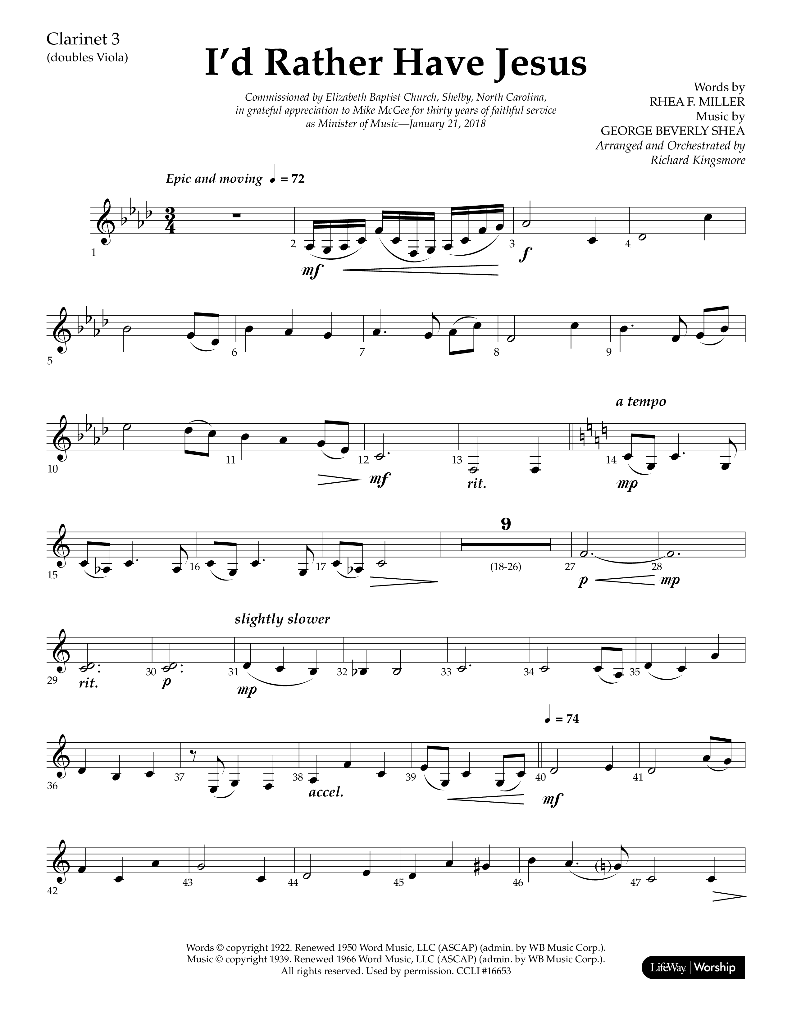 I'd Rather Have Jesus (Choral Anthem SATB) Clarinet 3 (Lifeway Choral / Arr. Richard Kingsmore)