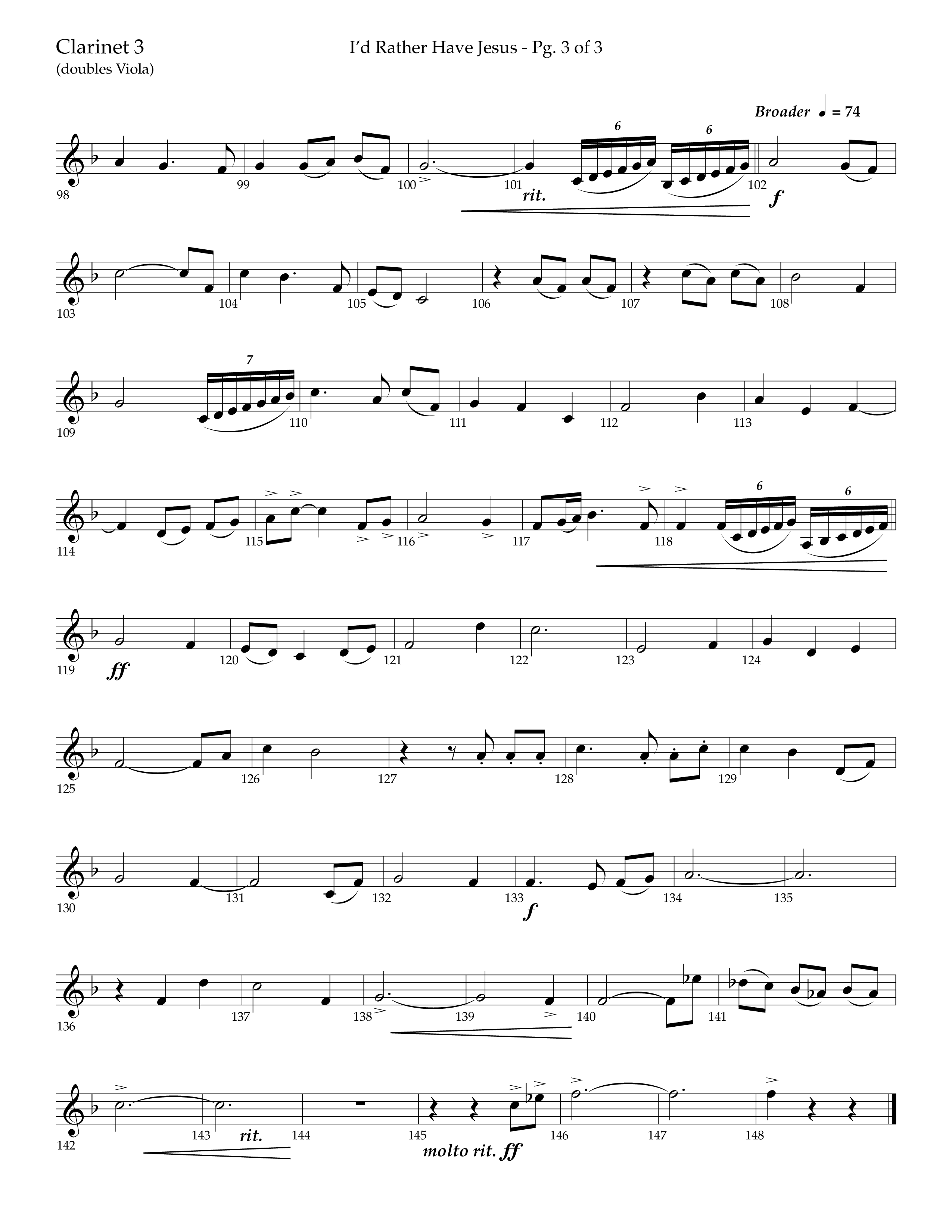 I'd Rather Have Jesus (Choral Anthem SATB) Clarinet 3 (Lifeway Choral / Arr. Richard Kingsmore)