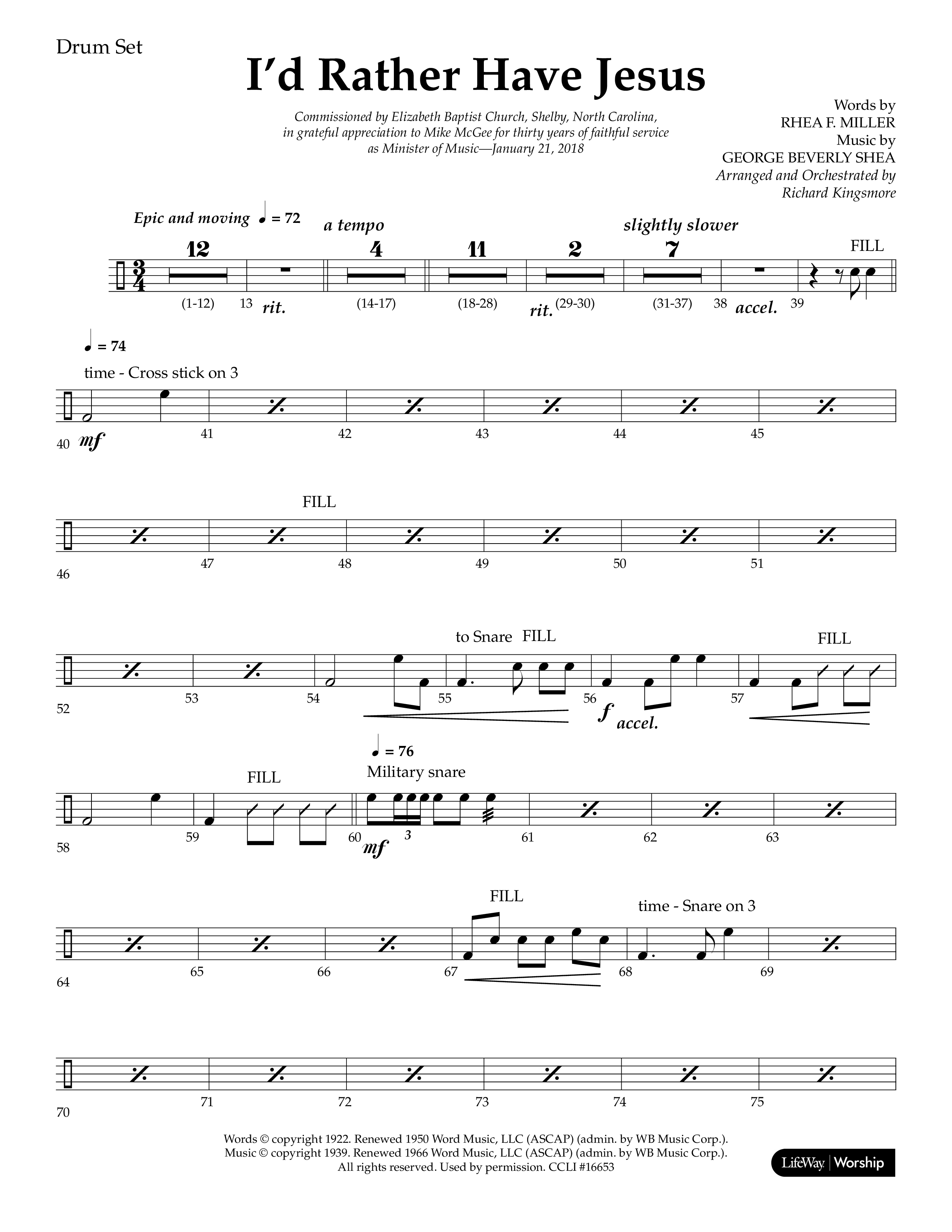I'd Rather Have Jesus (Choral Anthem SATB) Drum Set (Lifeway Choral / Arr. Richard Kingsmore)