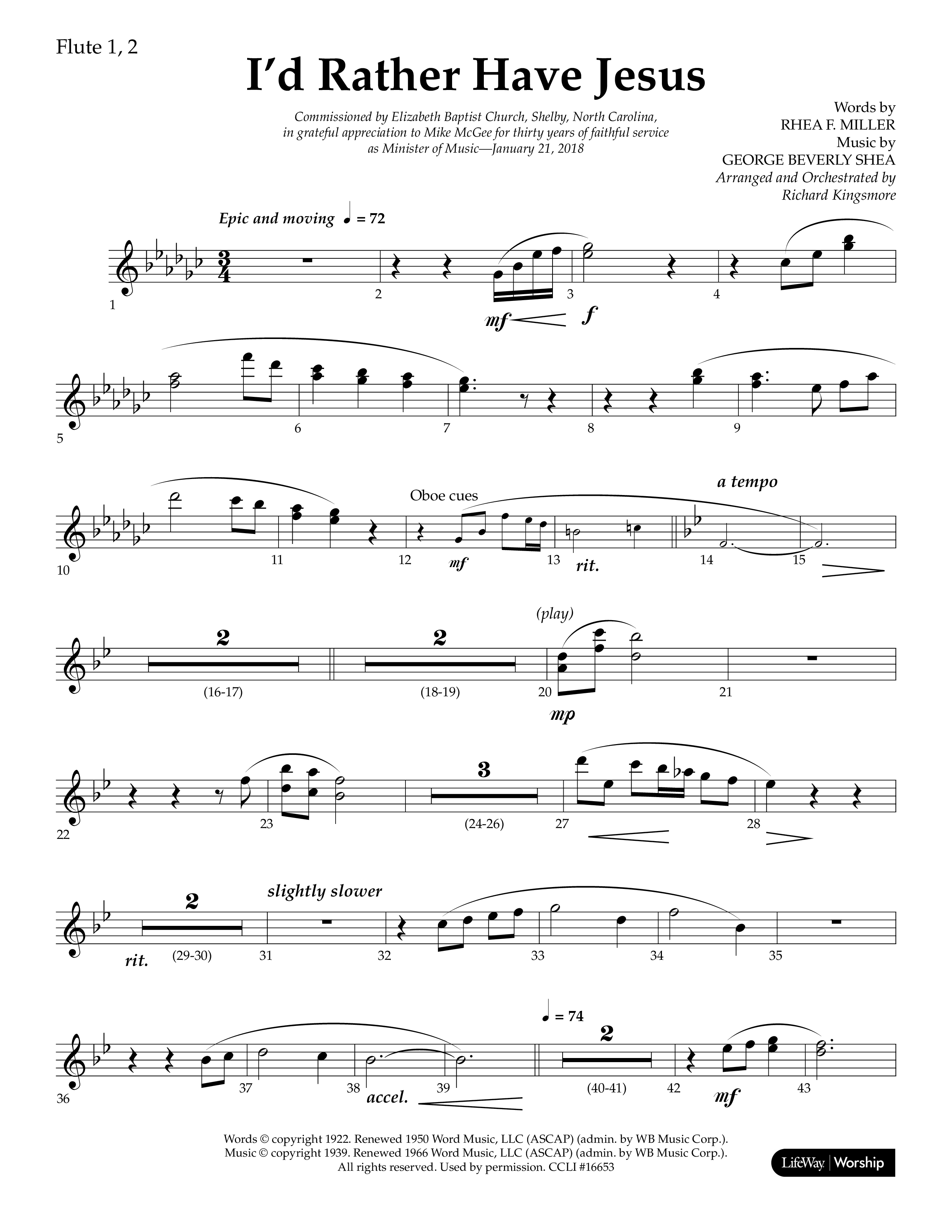 I'd Rather Have Jesus (Choral Anthem SATB) Flute 1/2 (Lifeway Choral / Arr. Richard Kingsmore)