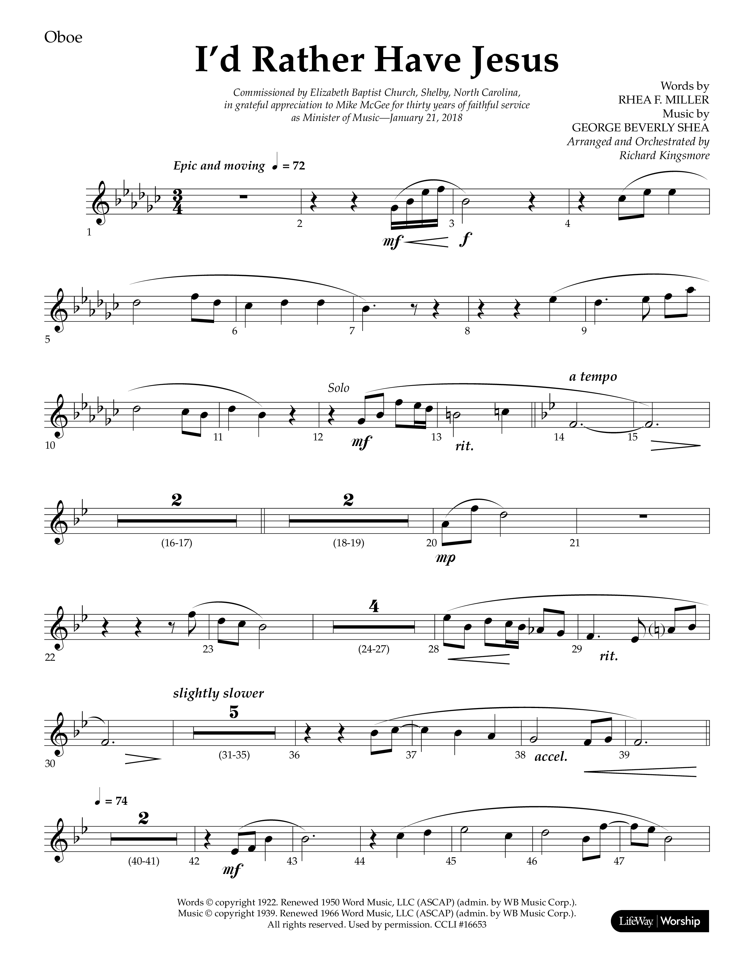 I'd Rather Have Jesus (Choral Anthem SATB) Oboe (Lifeway Choral / Arr. Richard Kingsmore)