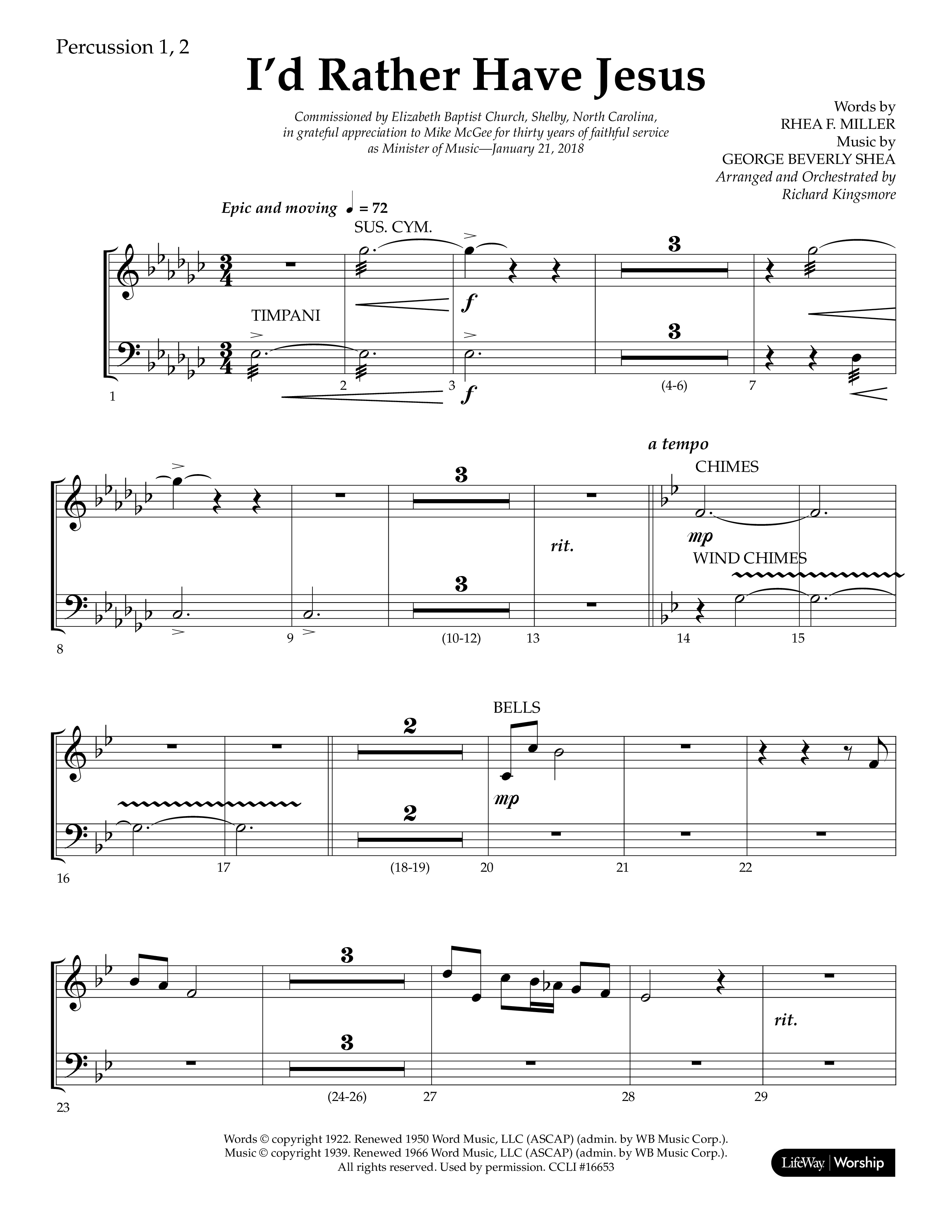 I'd Rather Have Jesus (Choral Anthem SATB) Percussion 1/2 (Lifeway Choral / Arr. Richard Kingsmore)