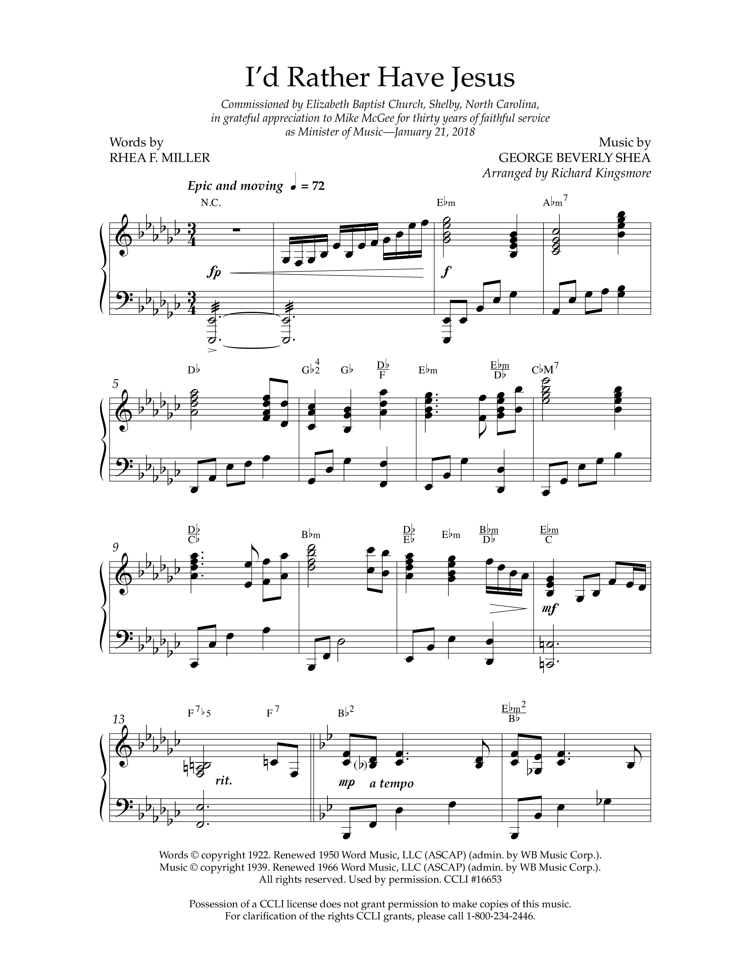 I'd Rather Have Jesus (Choral Anthem SATB) Anthem (SATB/Piano) (Lifeway Choral / Arr. Richard Kingsmore)
