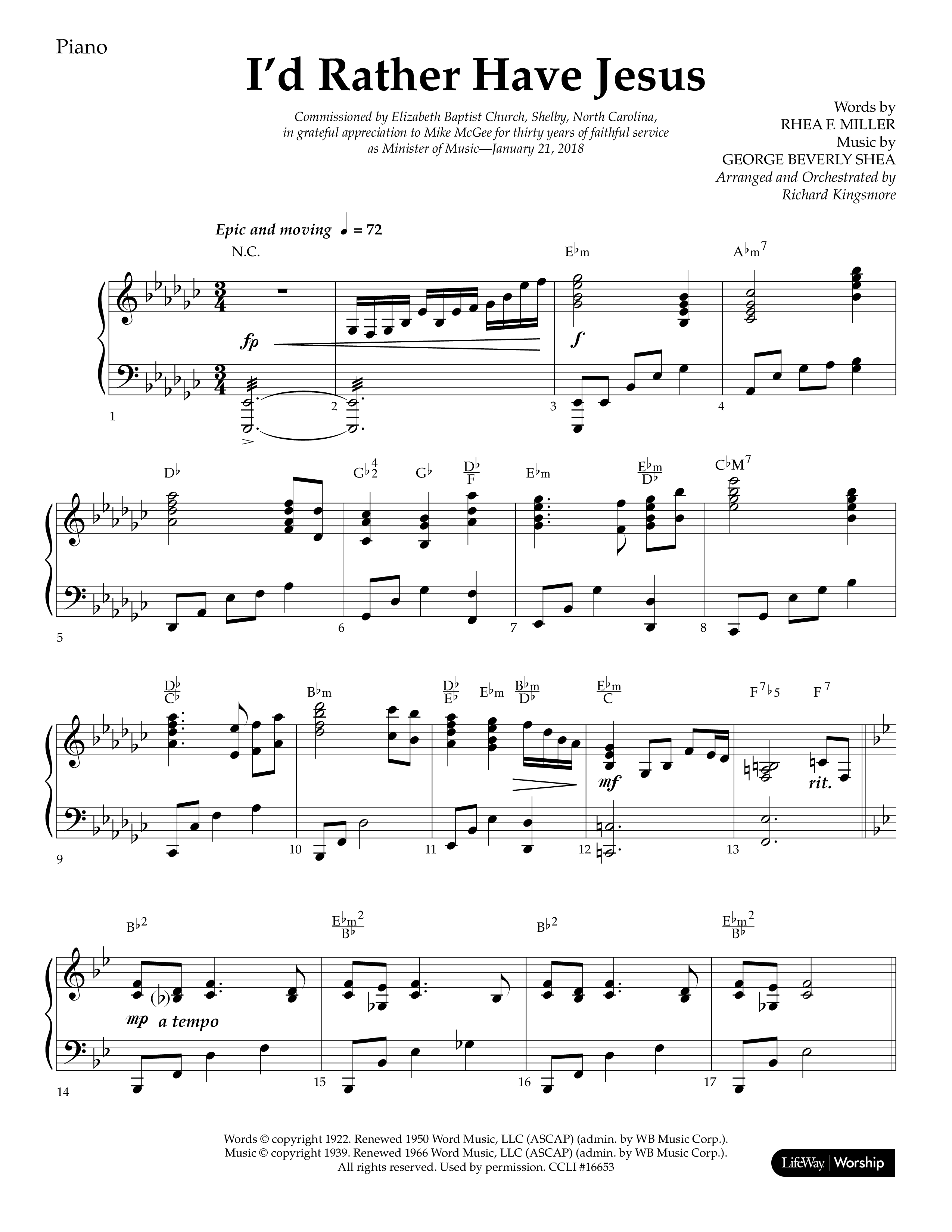 I'd Rather Have Jesus (Choral Anthem SATB) Lead Melody & Rhythm (Lifeway Choral / Arr. Richard Kingsmore)