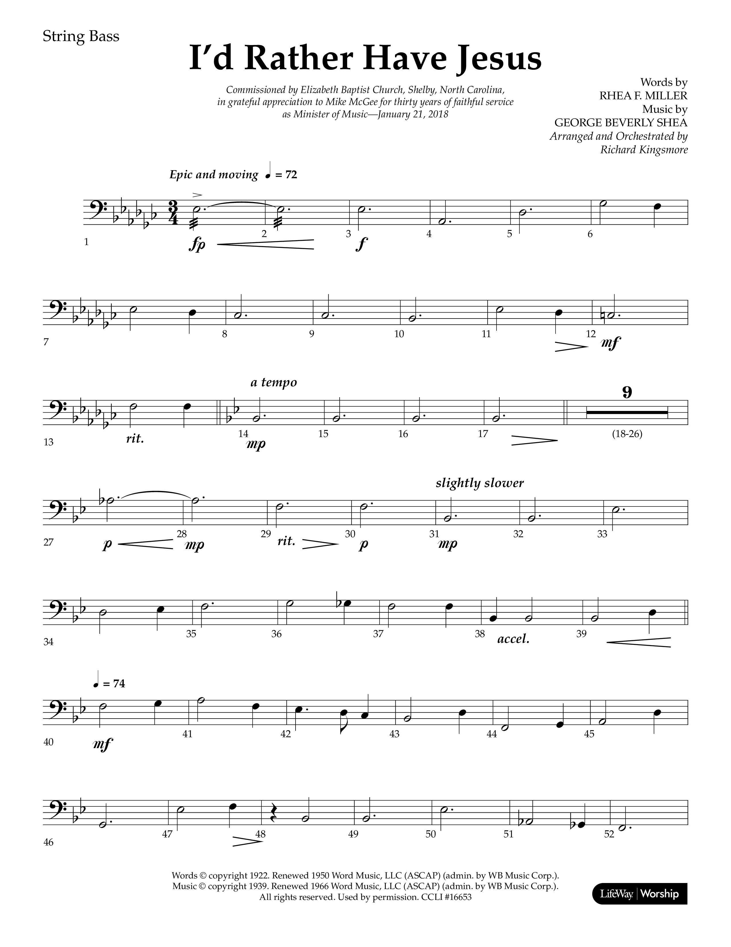 I'd Rather Have Jesus (Choral Anthem SATB) String Bass (Lifeway Choral / Arr. Richard Kingsmore)