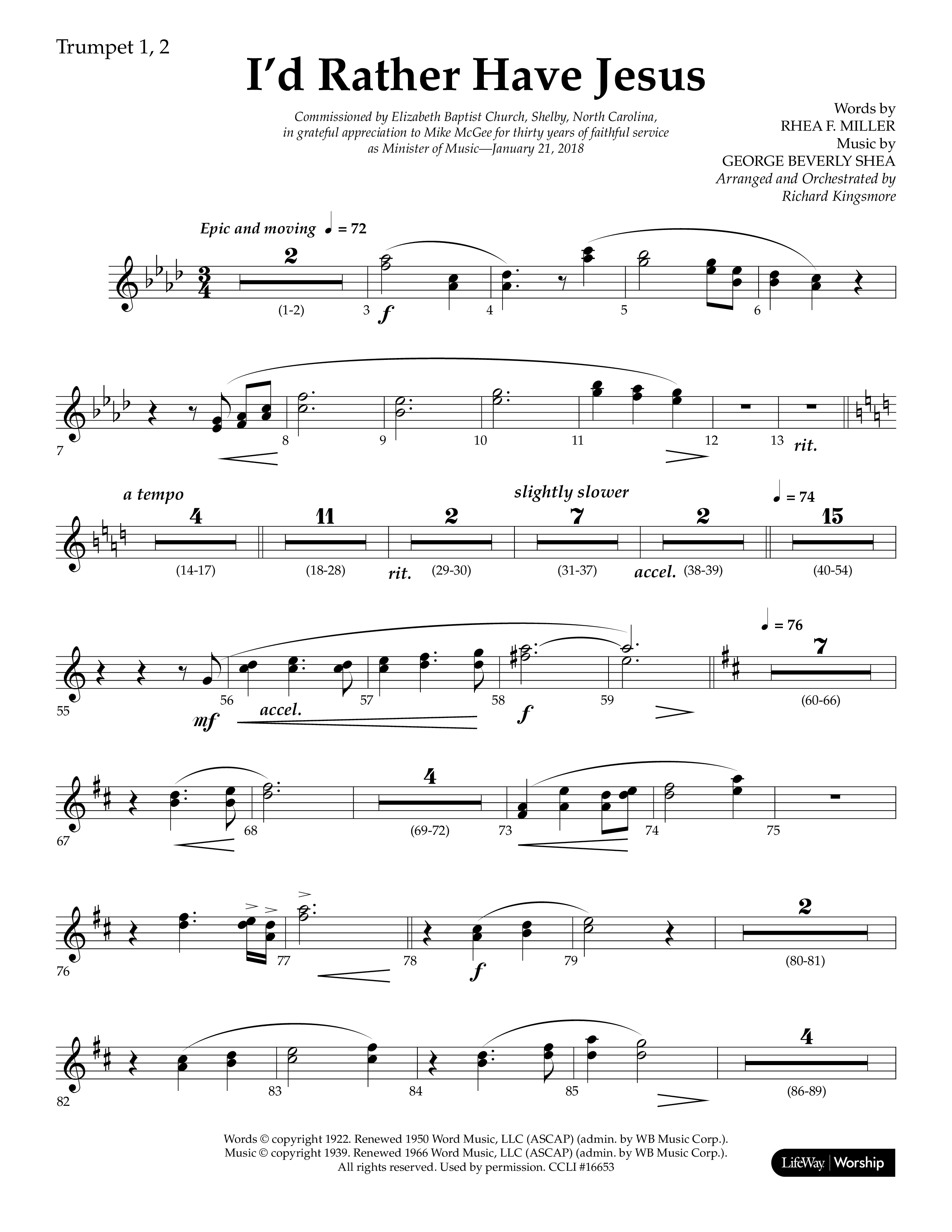 I'd Rather Have Jesus (Choral Anthem SATB) Trumpet 1,2 (Lifeway Choral / Arr. Richard Kingsmore)