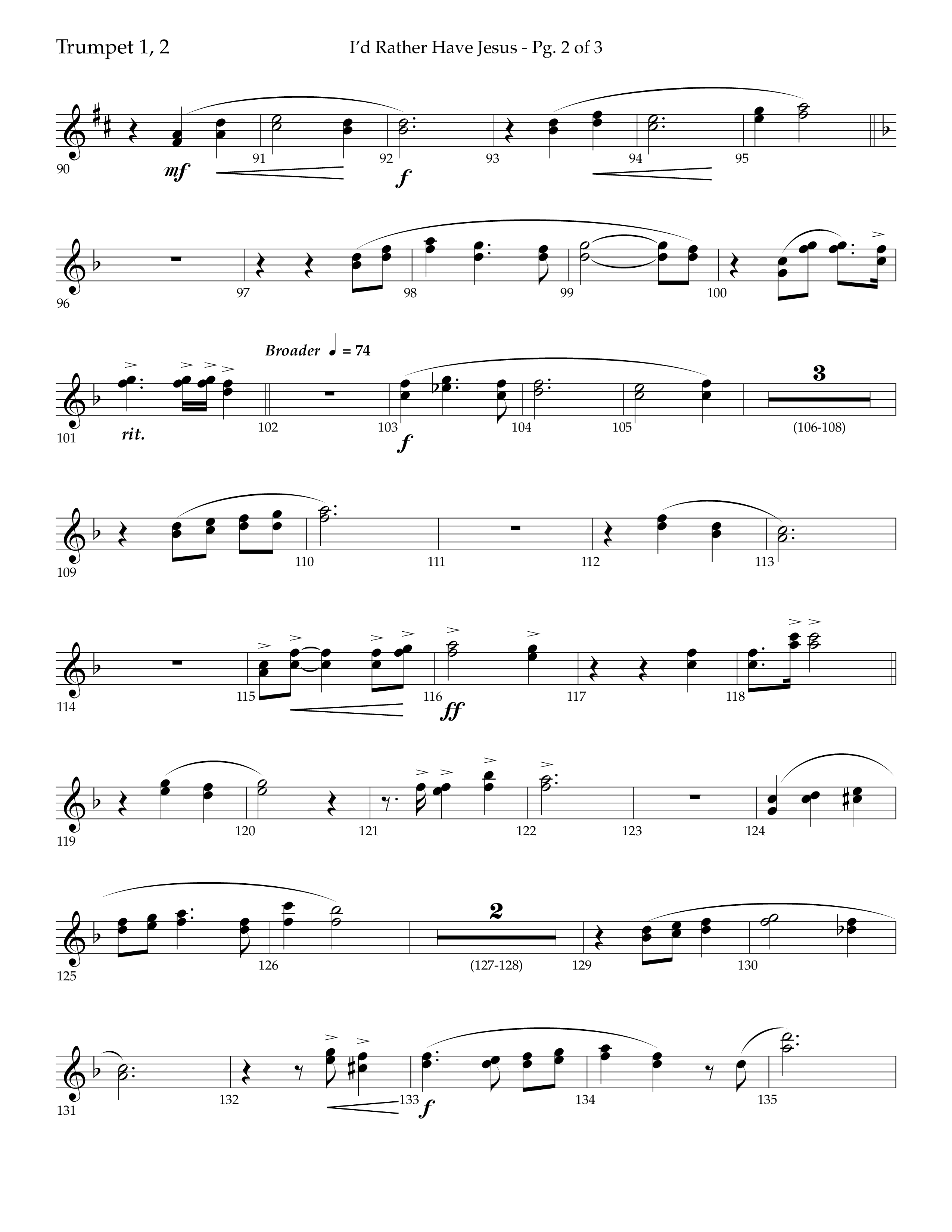 I'd Rather Have Jesus (Choral Anthem SATB) Trumpet 1,2 (Lifeway Choral / Arr. Richard Kingsmore)