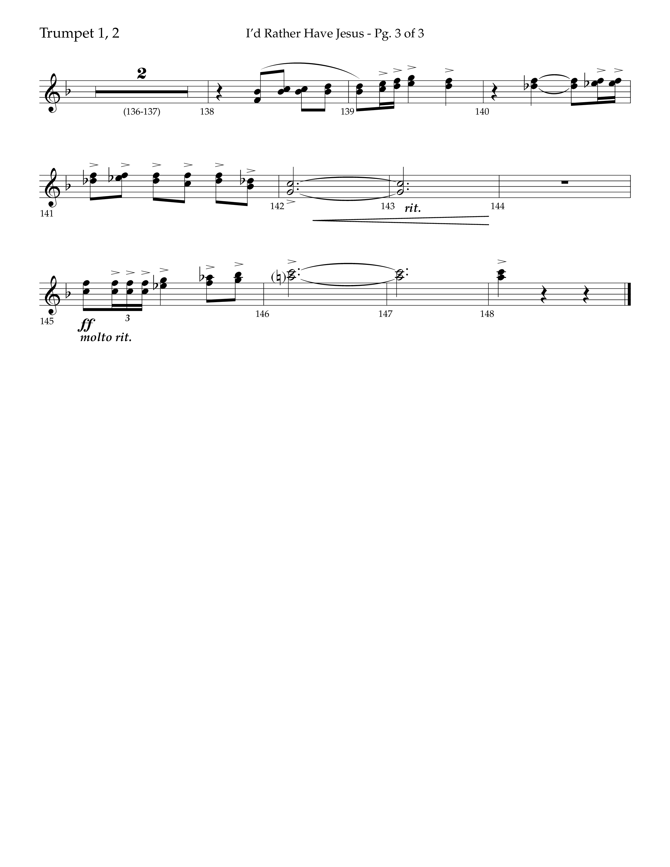 I'd Rather Have Jesus (Choral Anthem SATB) Trumpet 1,2 (Lifeway Choral / Arr. Richard Kingsmore)