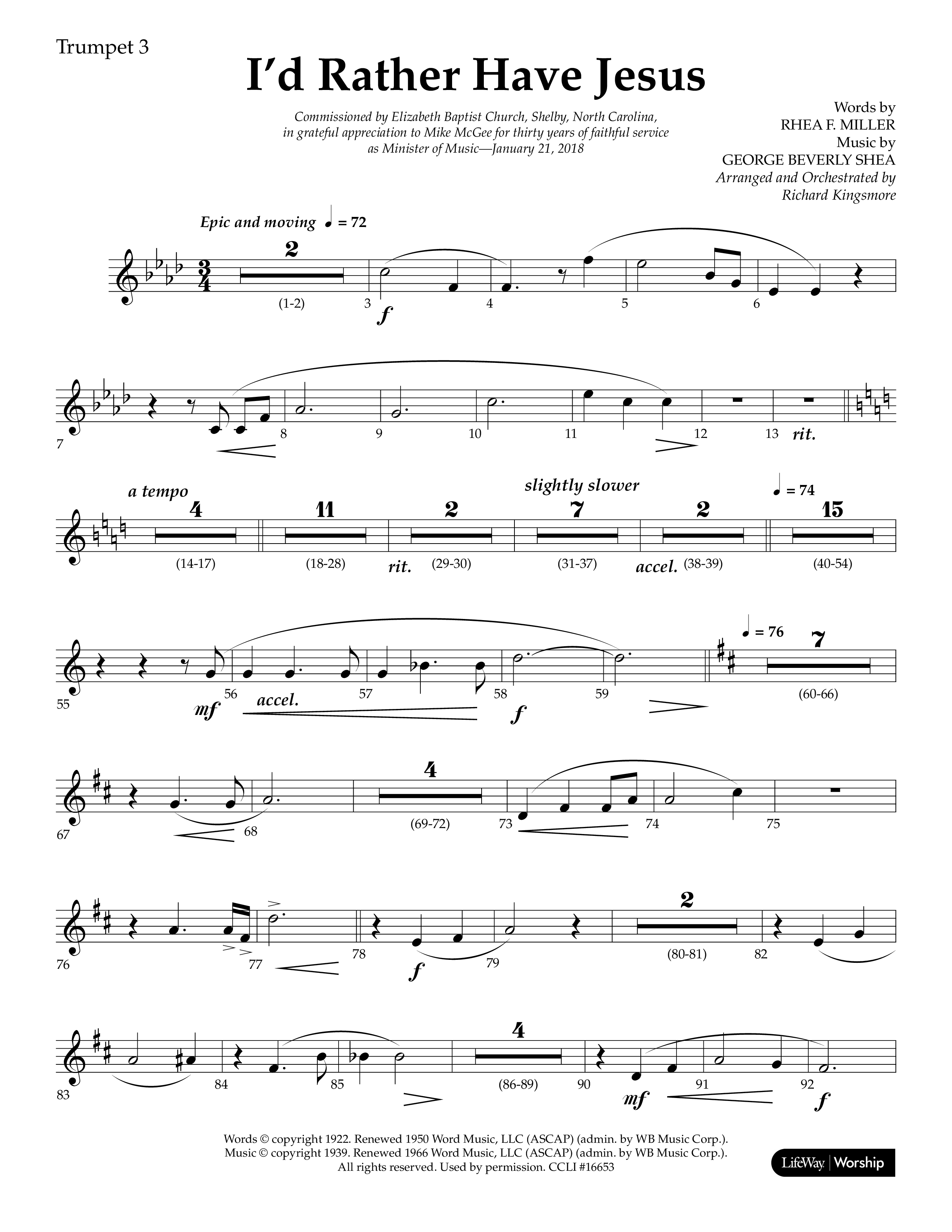 I'd Rather Have Jesus (Choral Anthem SATB) Trumpet 3 (Lifeway Choral / Arr. Richard Kingsmore)