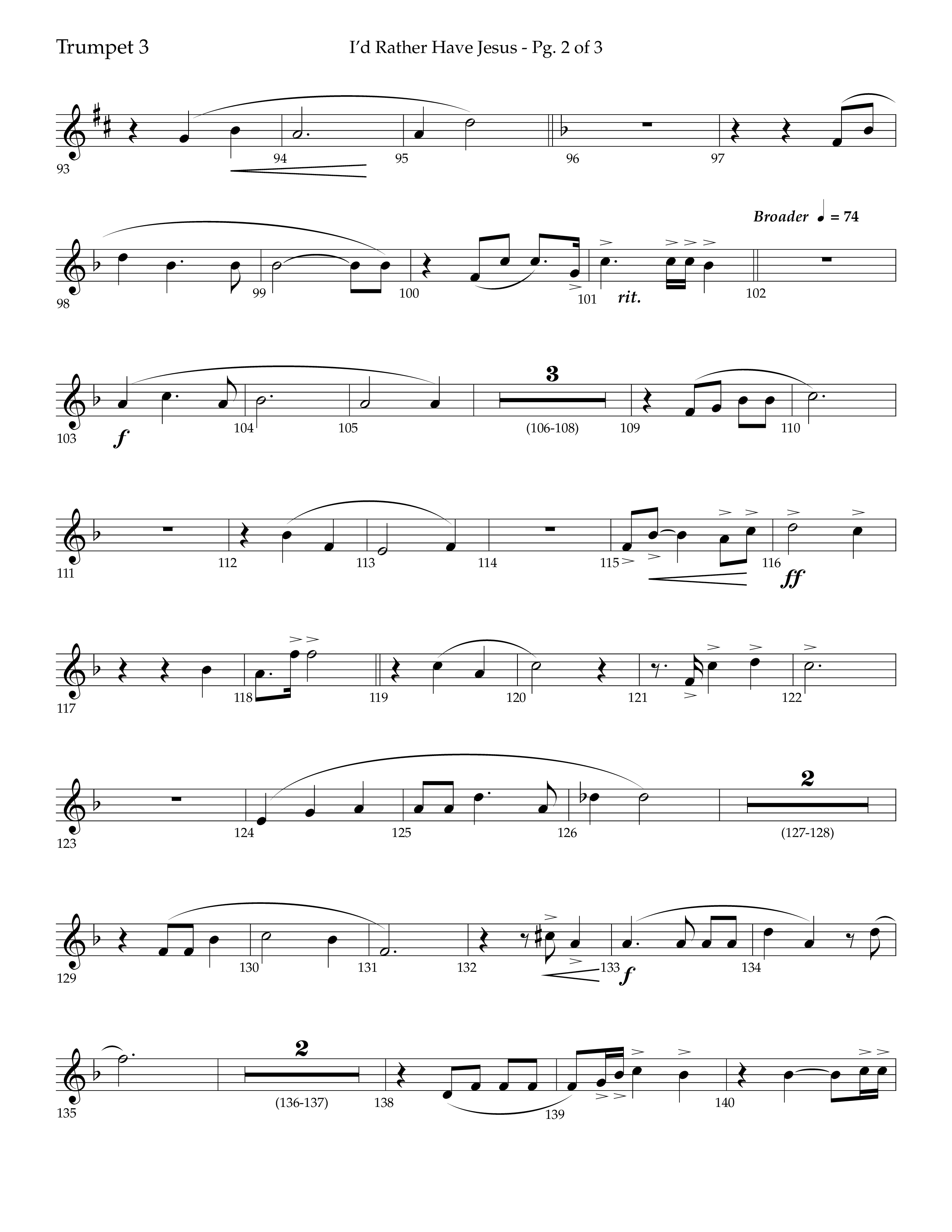 I'd Rather Have Jesus (Choral Anthem SATB) Trumpet 3 (Lifeway Choral / Arr. Richard Kingsmore)